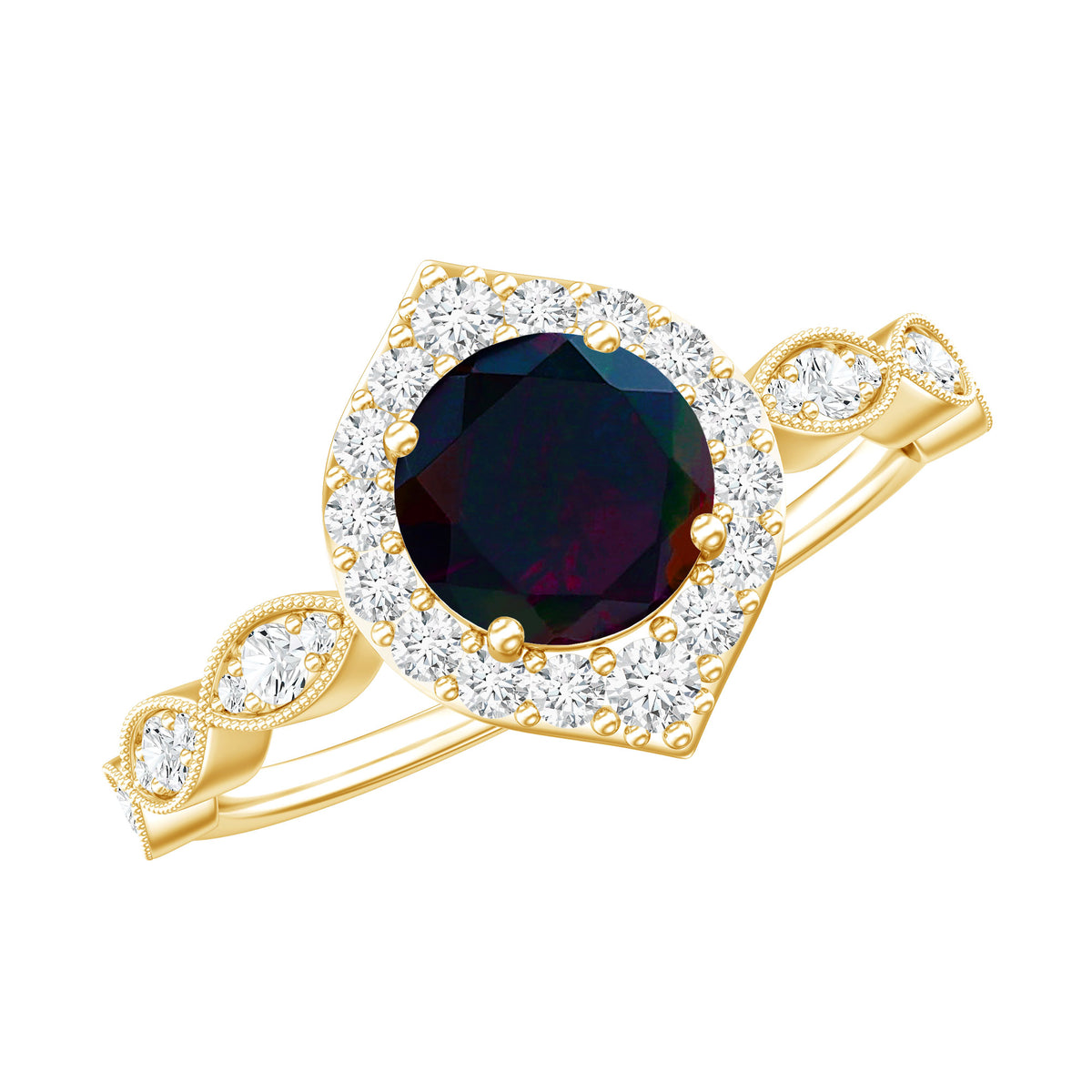 0.8 Carat Black Opal Vintage Engagement Ring with Diamond Accent AAA - Rosec Jewels