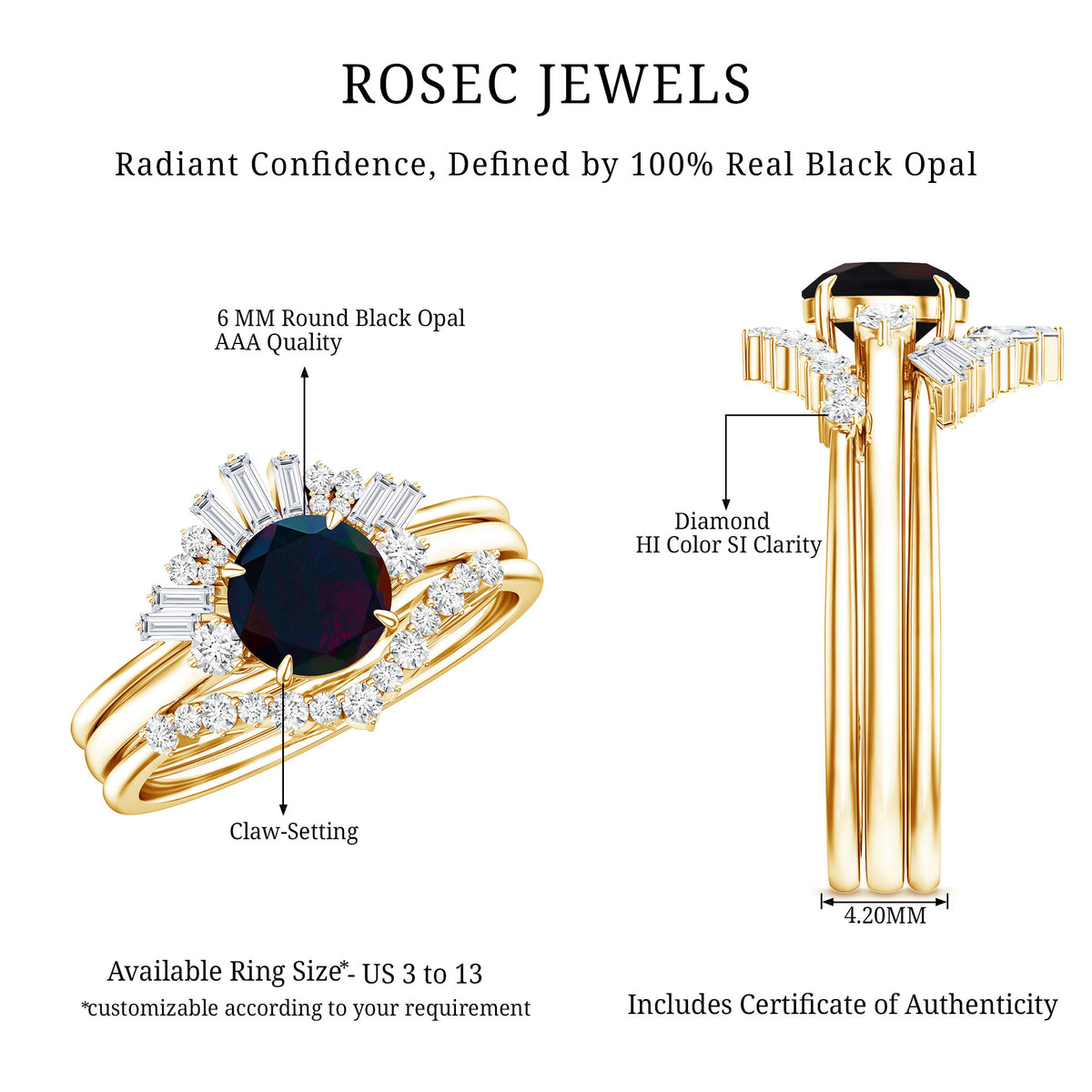 Black Opal Designer Trio Wedding Ring Set with Diamond AAA - Rosec Jewels