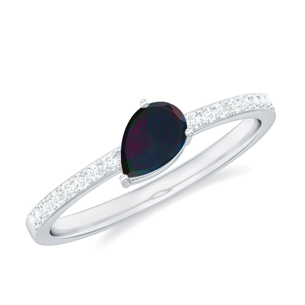 1 CT Real Black Opal Solitaire Teardrop Ring with Diamond Side Stones