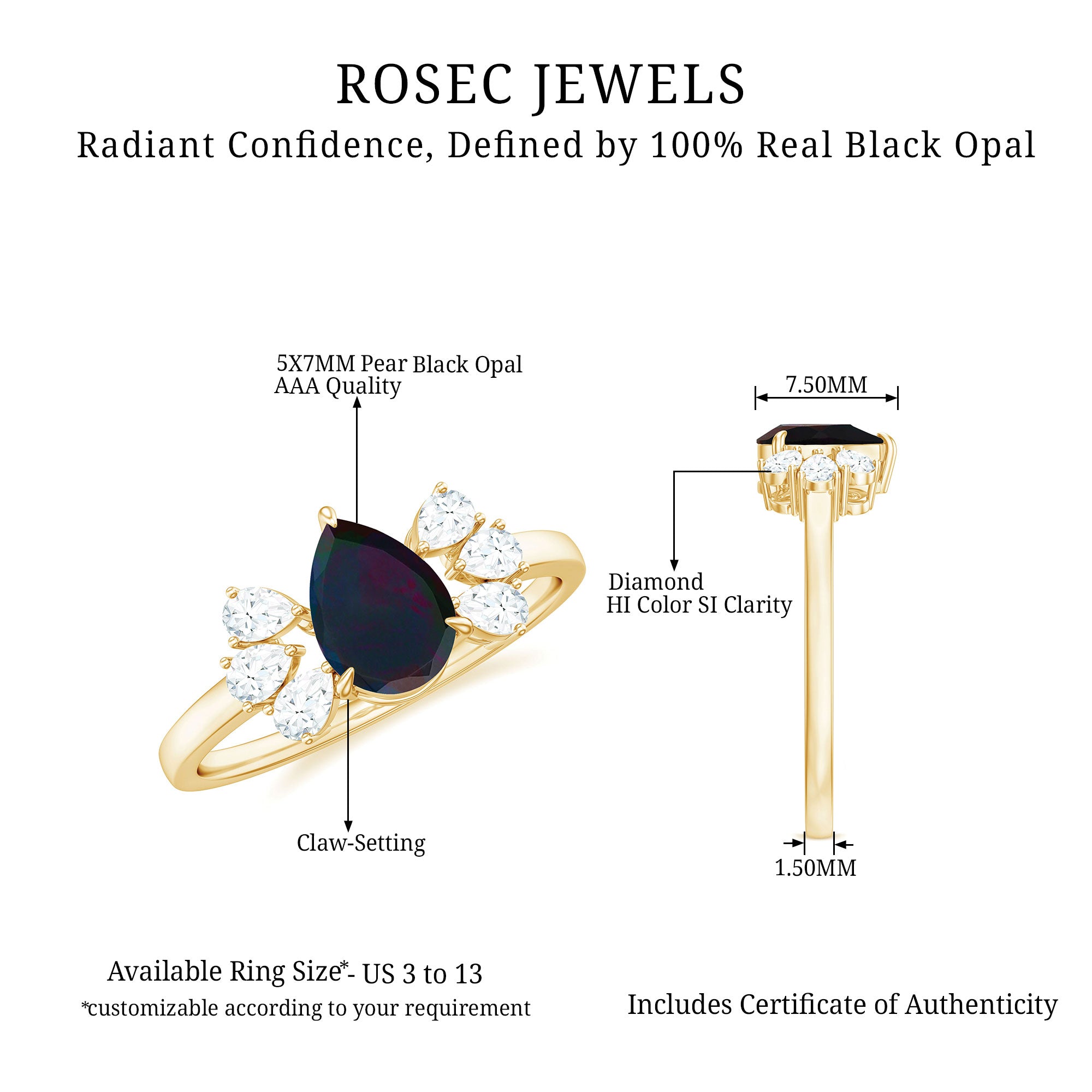 Pear Cut Black Opal Solitaire Engagement Ring with Diamond Trio Black Opal - ( AAA ) - Quality - Rosec Jewels