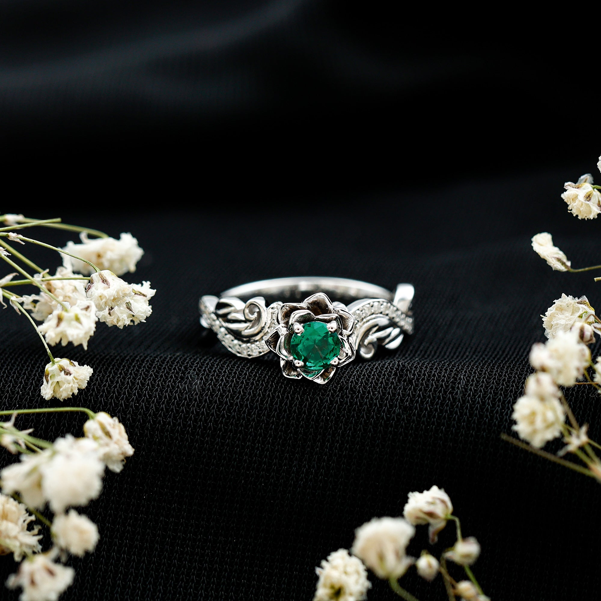 Lab Grown Emerald Diamond Flower Engagement Ring with Certificate AAAA - Rosec Jewels