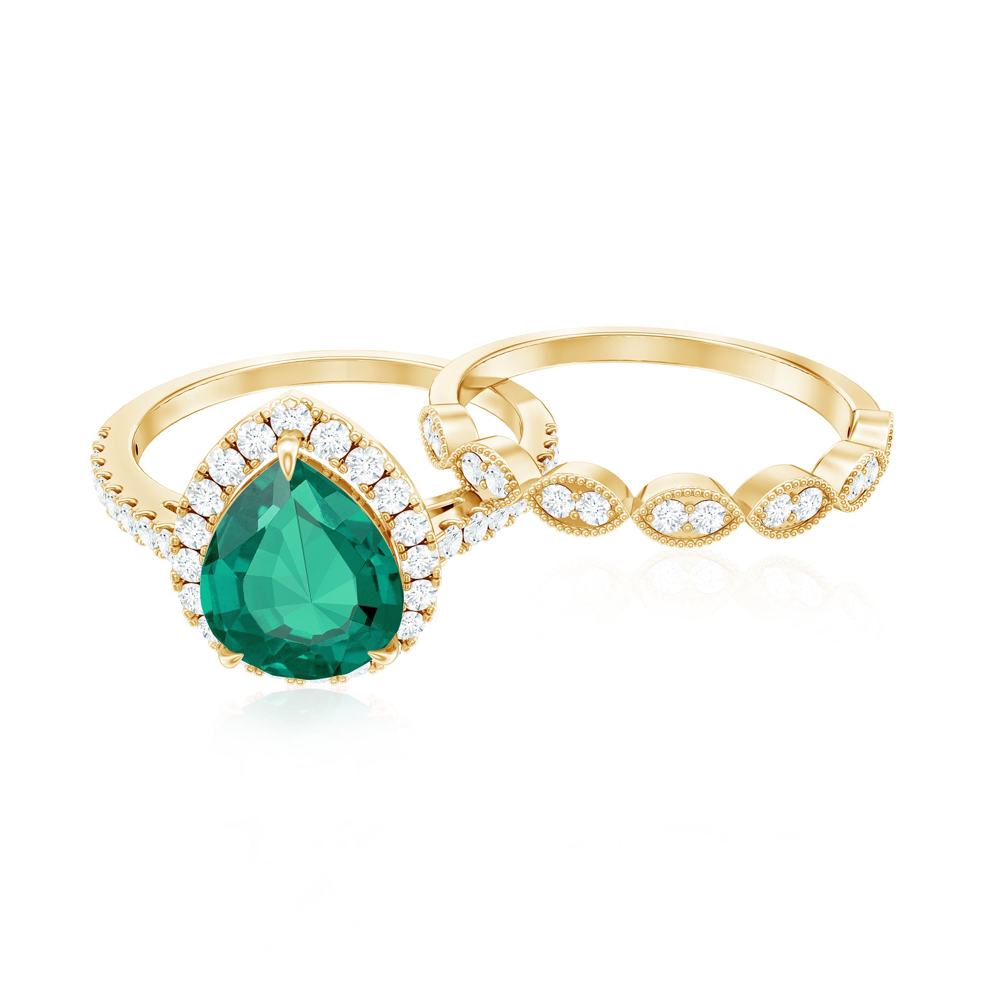 Designer Lab Grown Emerald Diamond Teardrop Engagement Ring with Wedding Band AAAA - Rosec Jewels