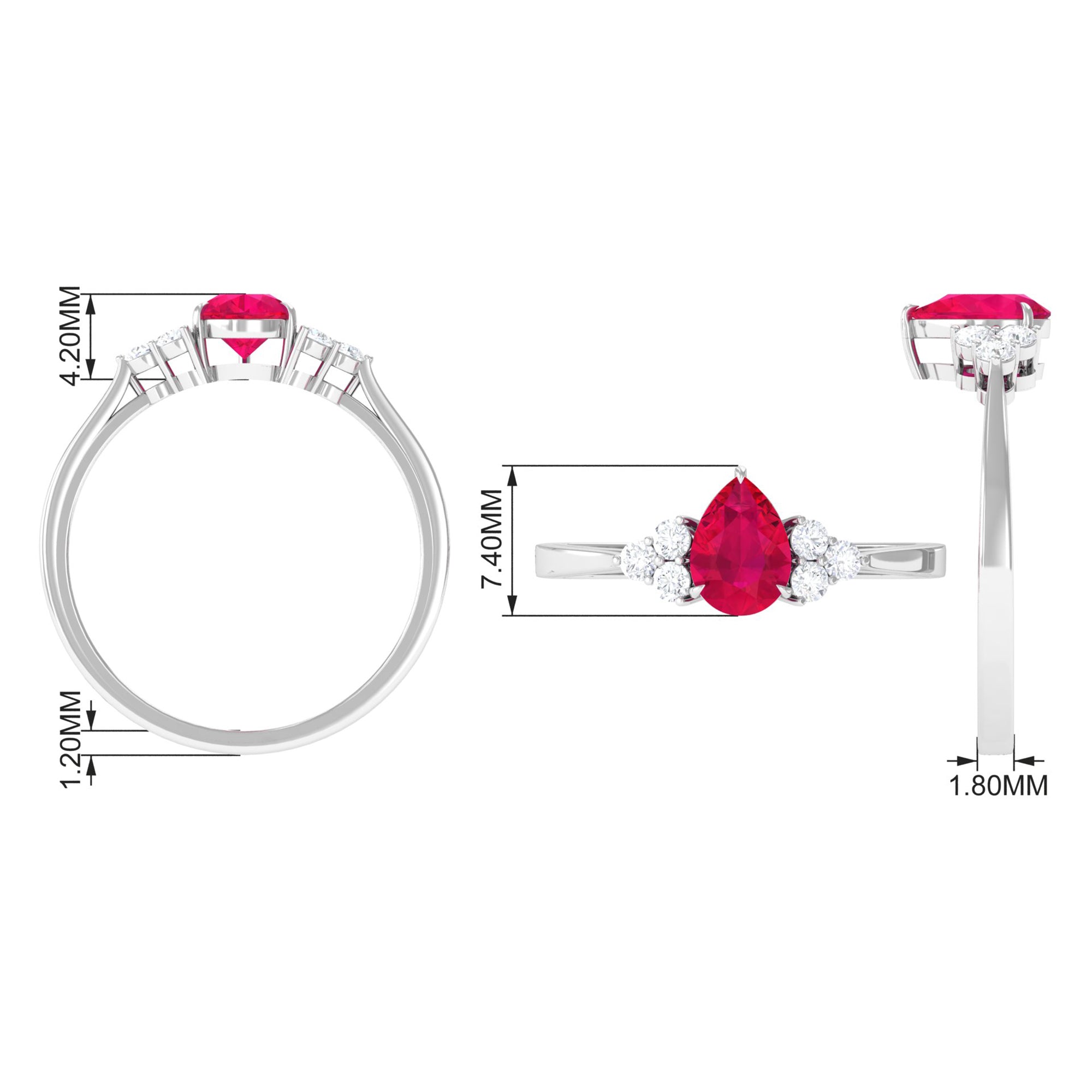 Natural 0.8 Carat Ruby Teardrop Engagement Ring with Diamond Trio AAA - Rosec Jewels