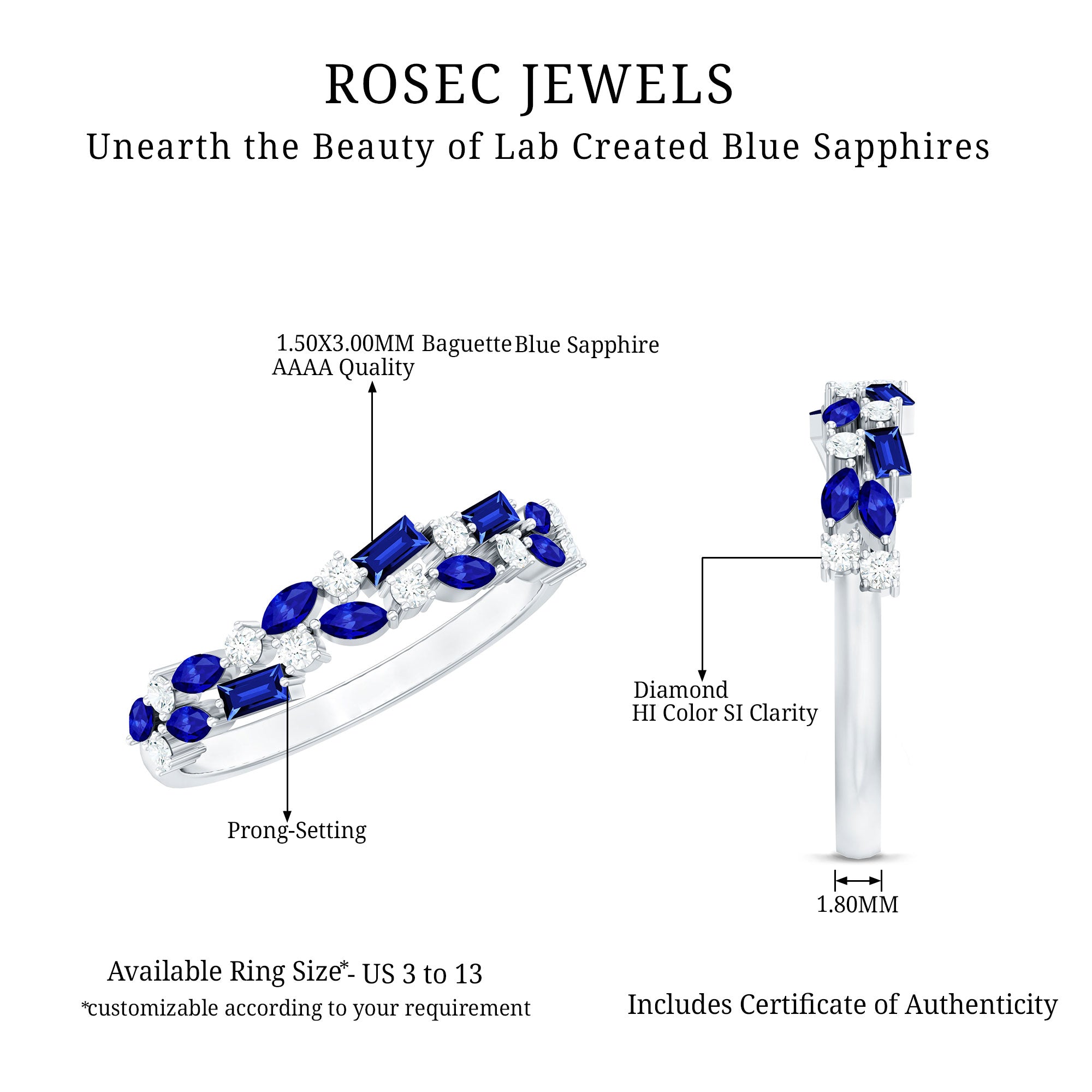 Certified Lab Grown Blue Sapphire Diamond Half Eternity Band Ring AAAA - Rosec Jewels