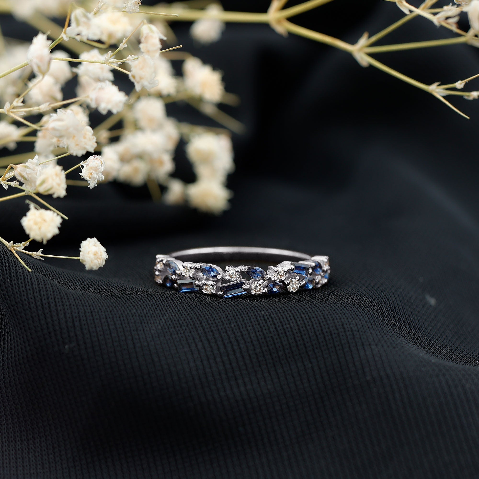 Certified Lab Grown Blue Sapphire Diamond Half Eternity Band Ring AAAA - Rosec Jewels