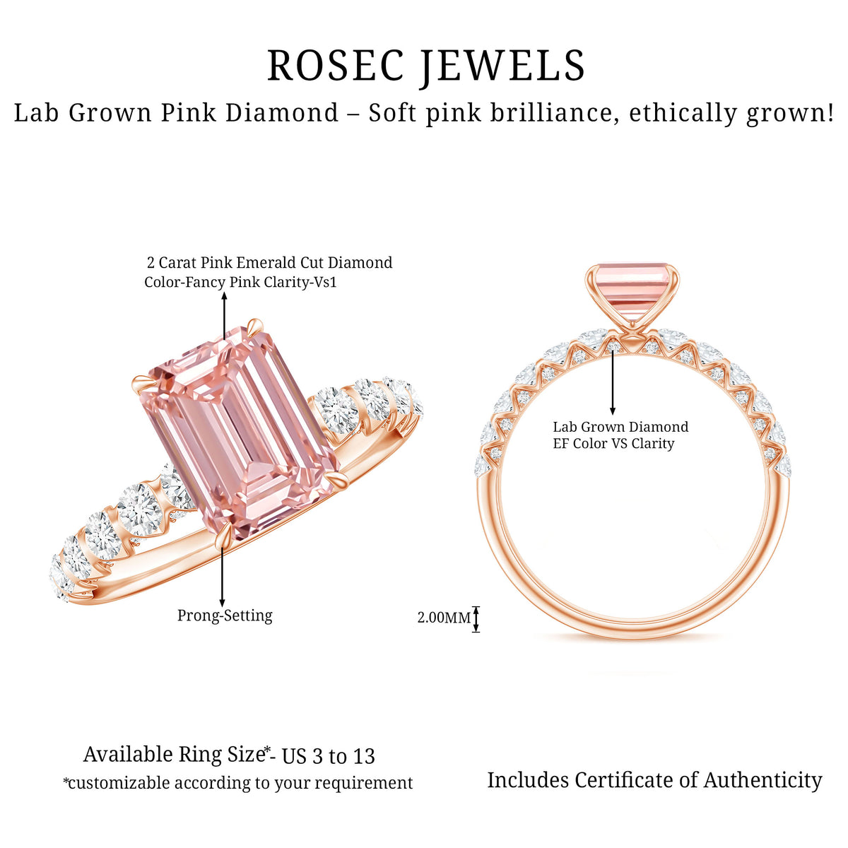 IGI Certified 2 Carat Lab Grown Pink Diamond Emerald Cut Engagement Ring Fancy Pink - VS1 - Rosec Jewels