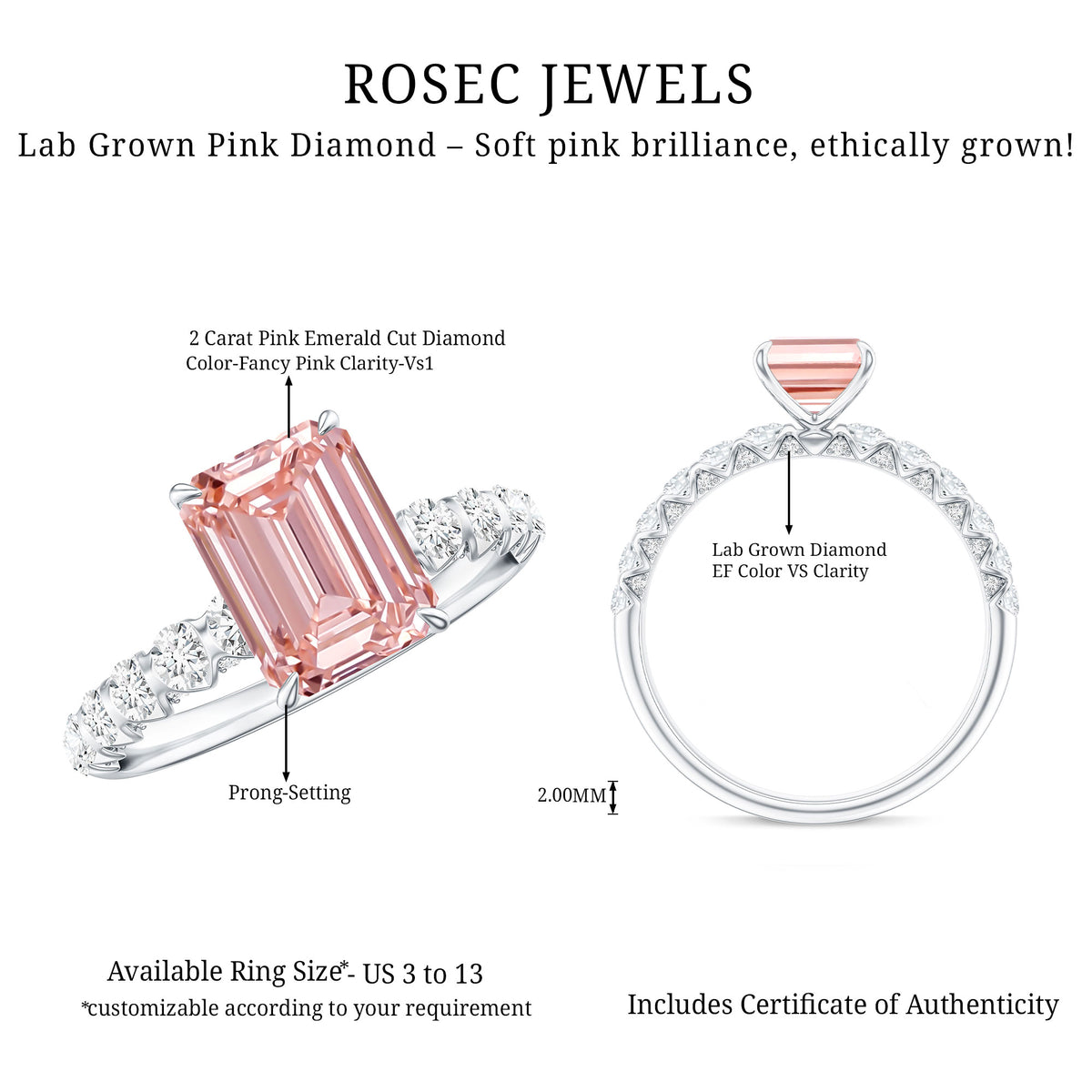 IGI Certified 2 Carat Lab Grown Pink Diamond Emerald Cut Engagement Ring Fancy Pink - VS1 - Rosec Jewels