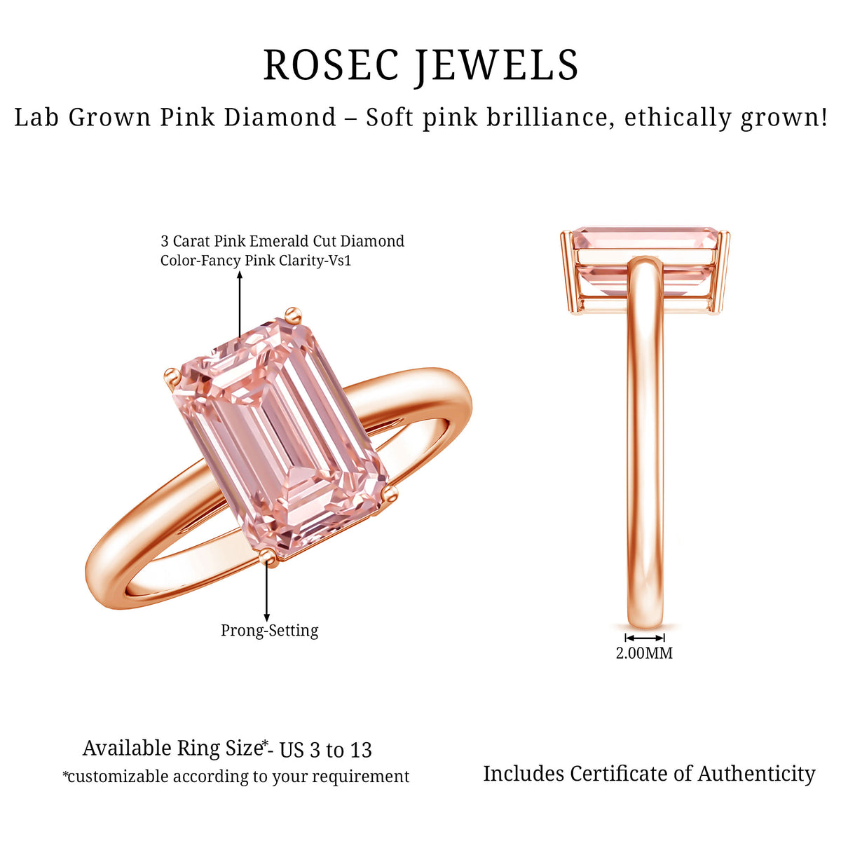 3 Carat Lab Pink Diamond Emerald Cut Solitaire Engagement Ring with IGI Certificate Fancy Pink - VS1 - Rosec Jewels