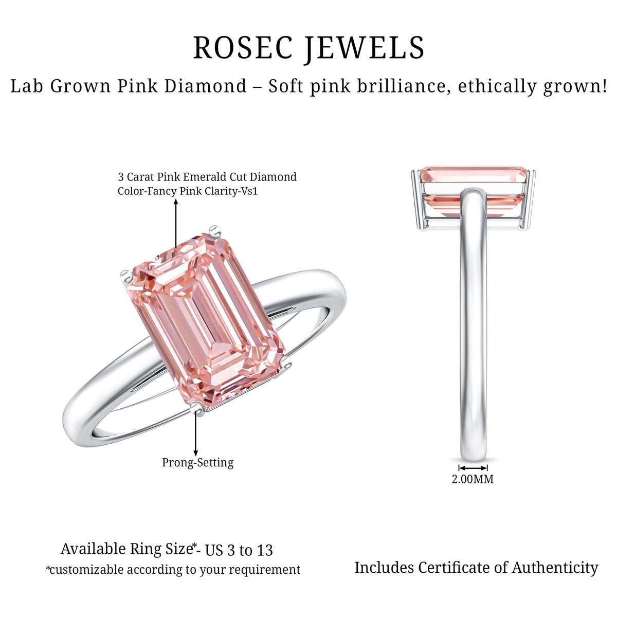 3 Carat Lab Pink Diamond Emerald Cut Solitaire Engagement Ring with IGI Certificate Fancy Pink - VS1 - Rosec Jewels