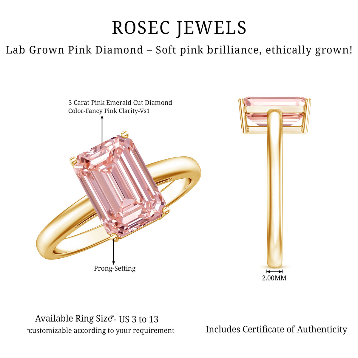 3 Carat Lab Pink Diamond Emerald Cut Solitaire Engagement Ring with IGI Certificate Fancy Pink - VS1 - Rosec Jewels