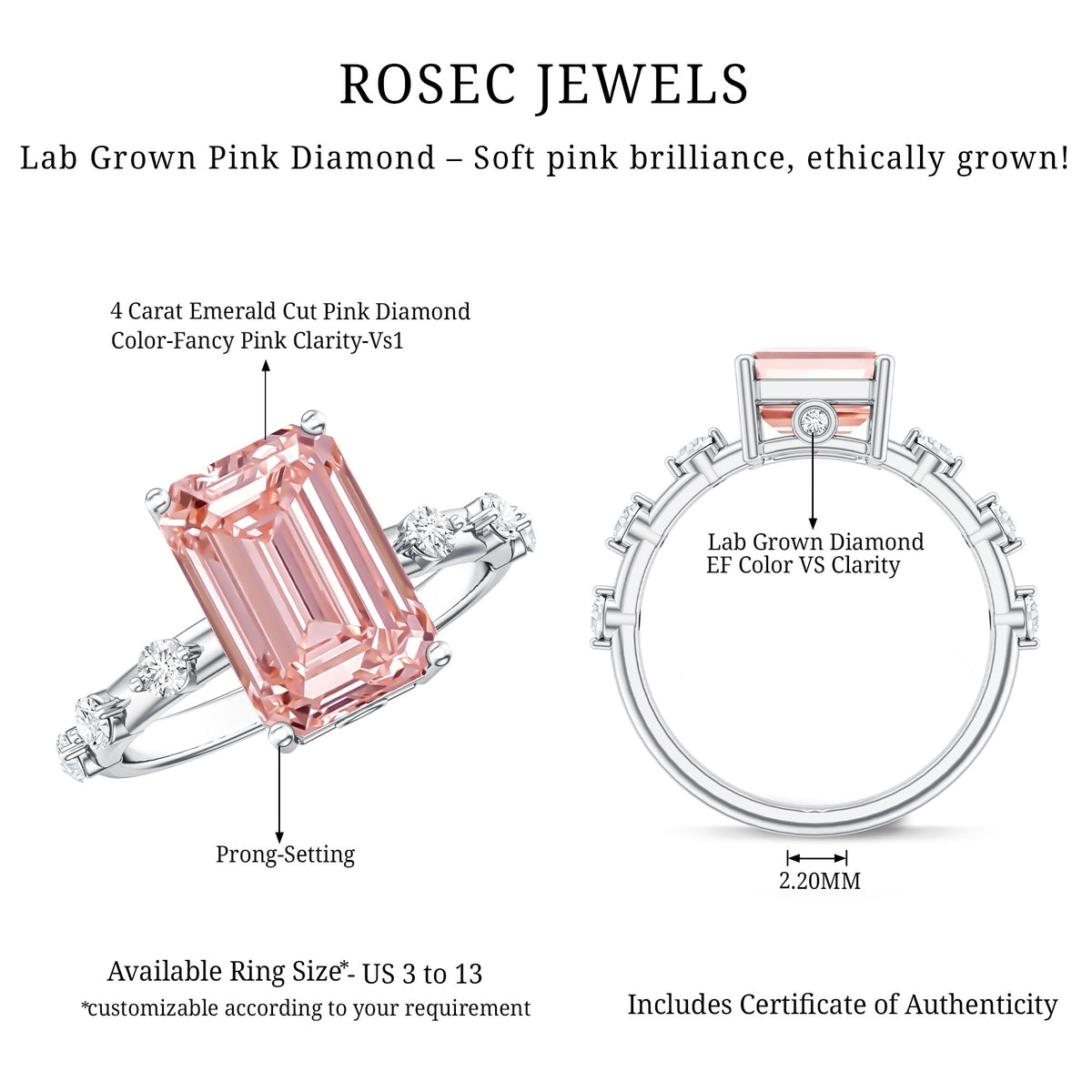 Rosec Jewels-IGI Verified 4 Carat Lab Grown Pink Diamond Emerald Cut Engagement Ring for Women