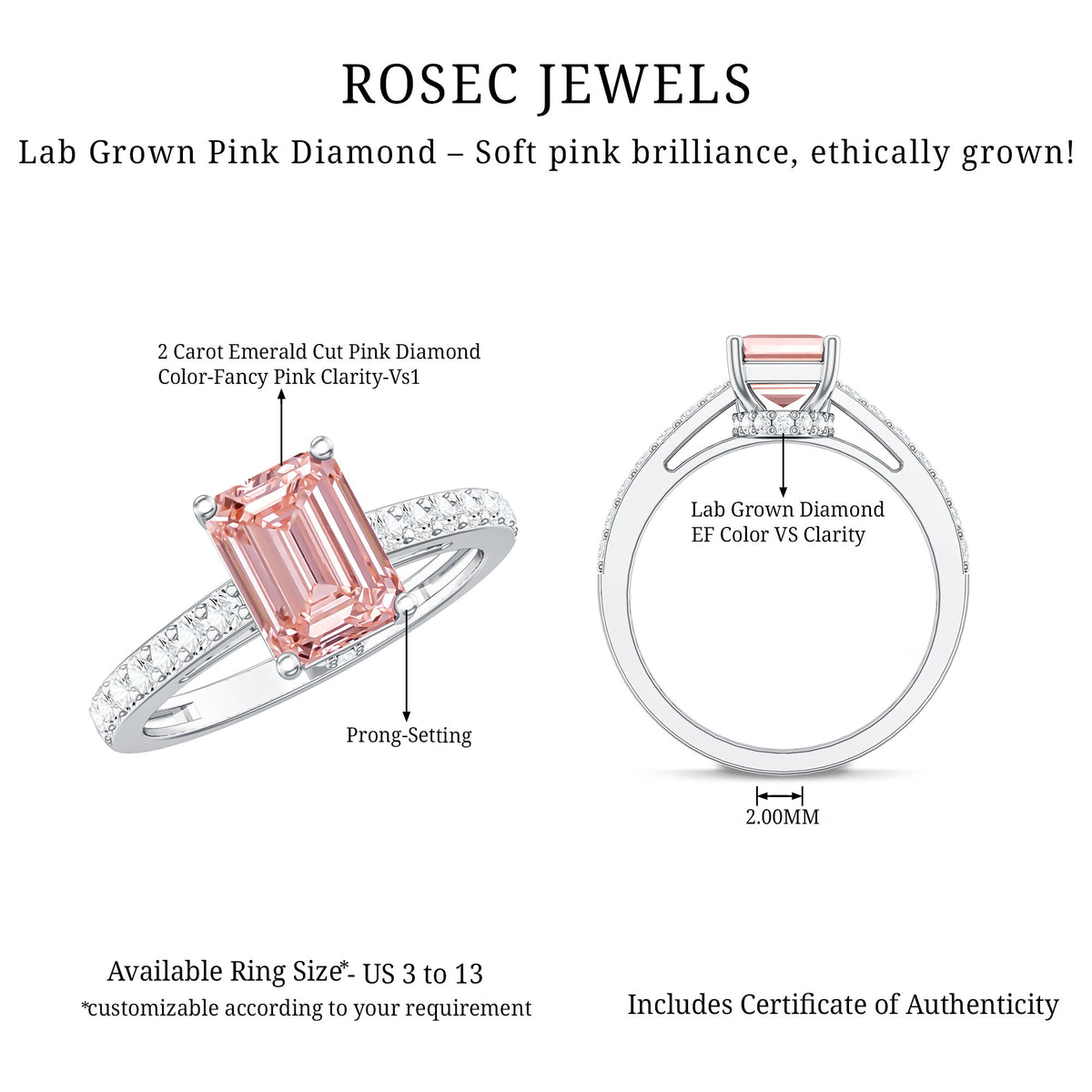 Rosec Jewels-IGI Graded 2 Carat Lab Pink Diamond Emerald Cut Engagement Ring with Hidden Halo