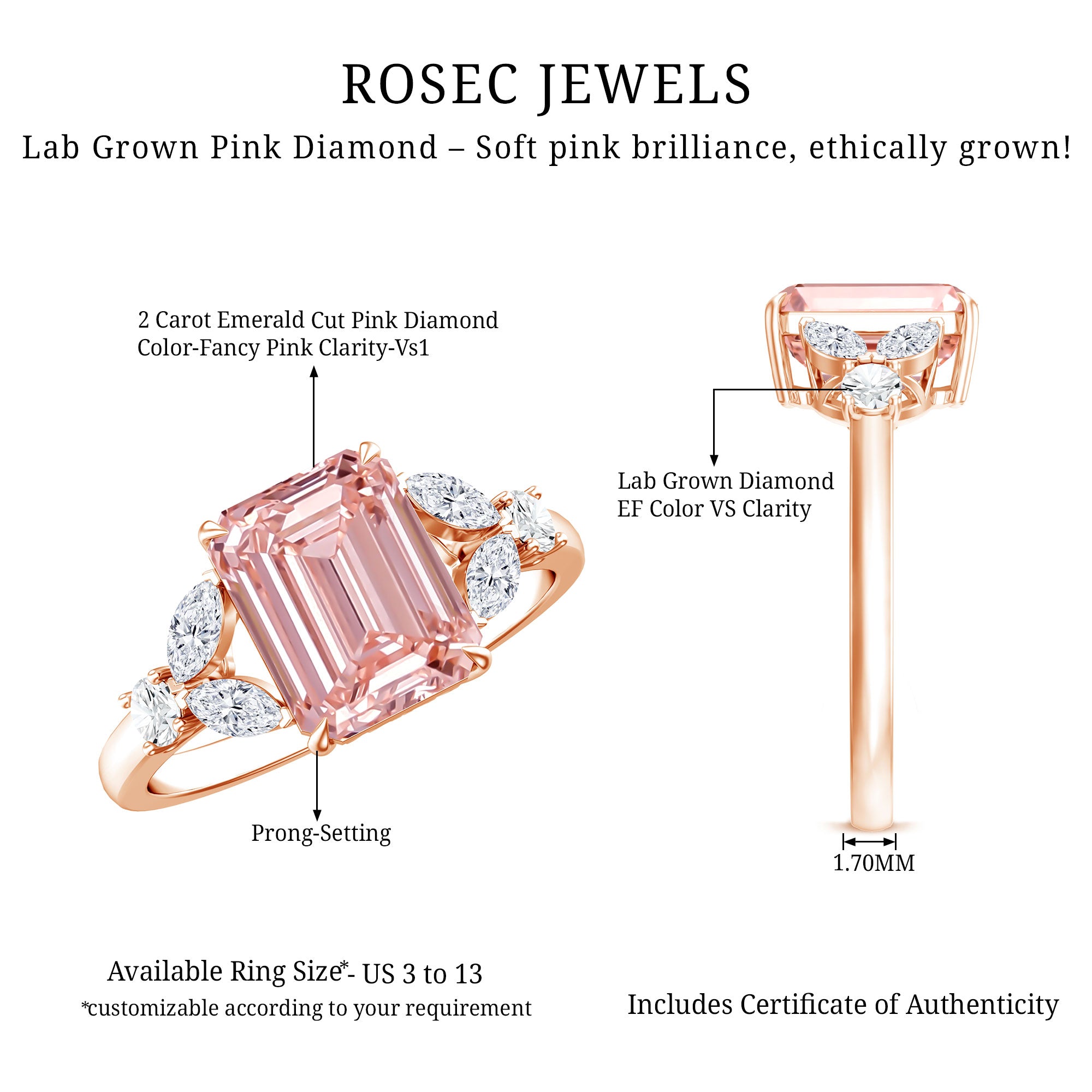 Rosec Jewels-IGI Authenticated 2 Carat Lab Grown Pink Diamond Emerald Cut Engagement Ring