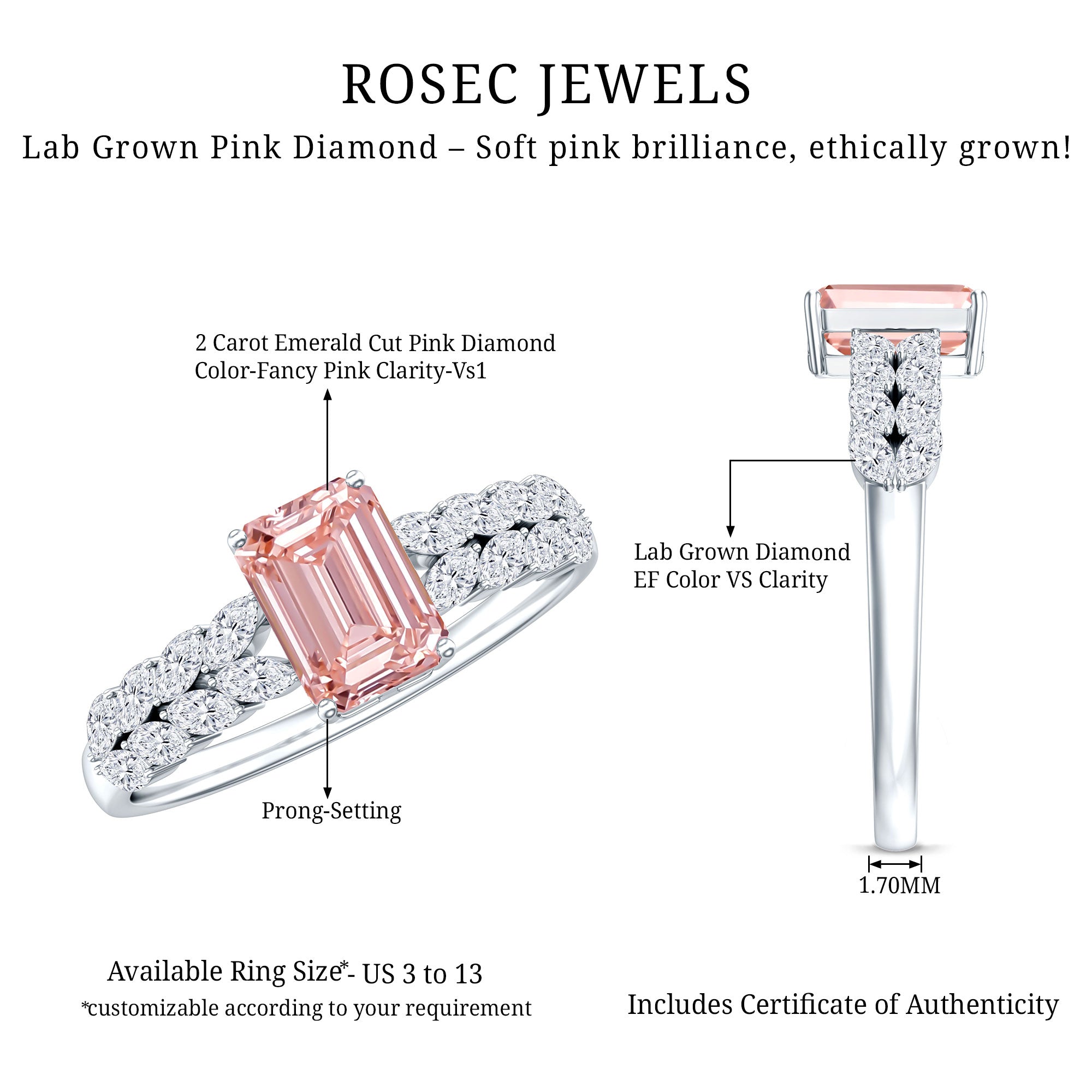 Rosec Jewels-2 Carat IGI Graded Lab Grown Pink White Diamond Engagement Ring with Split Shank