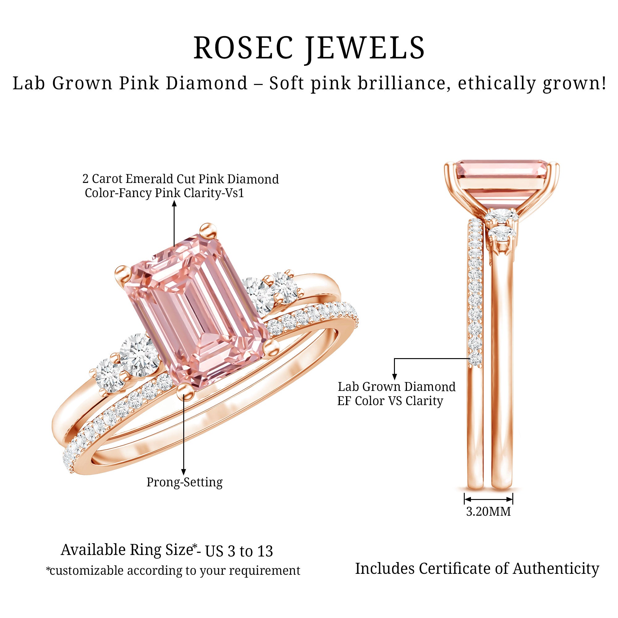 Rosec Jewels-2 Carat Emerald Cut Lab Pink Diamond Engagement Ring Set with IGI Certificate