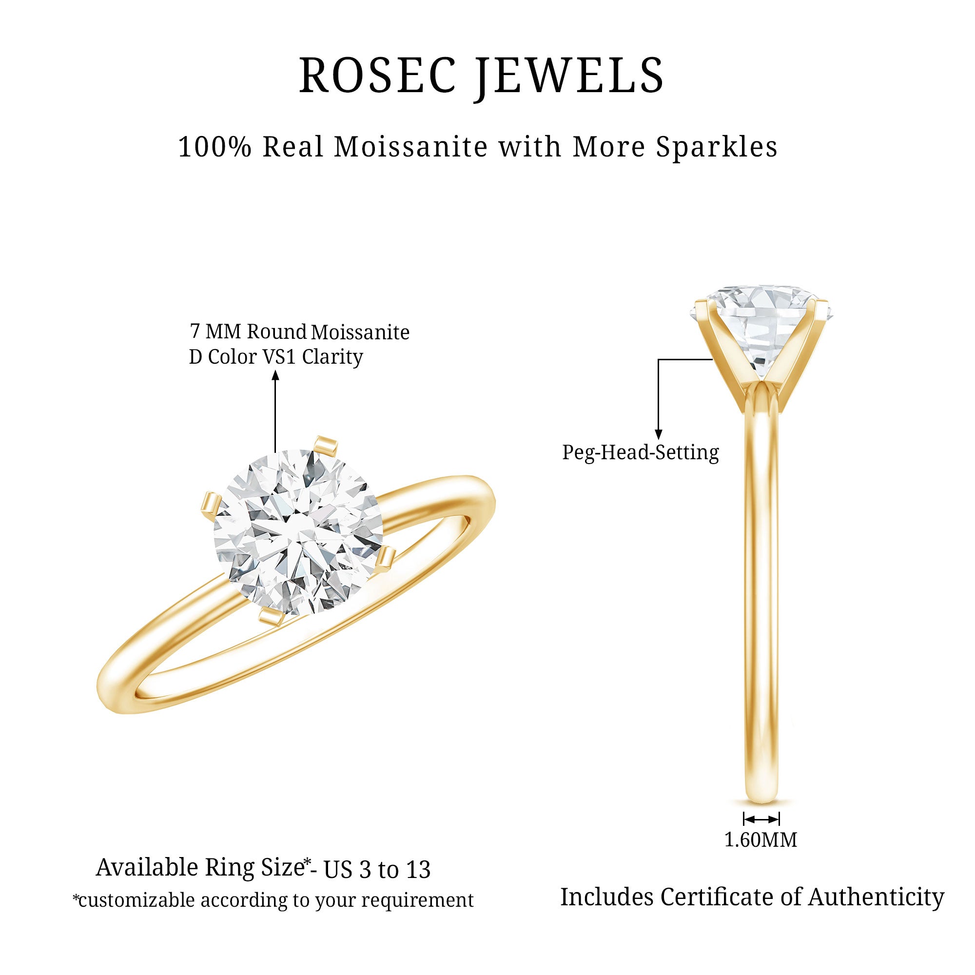 Rosec Jewels-Peg Headset Solitaire Moissanite Ring for Women