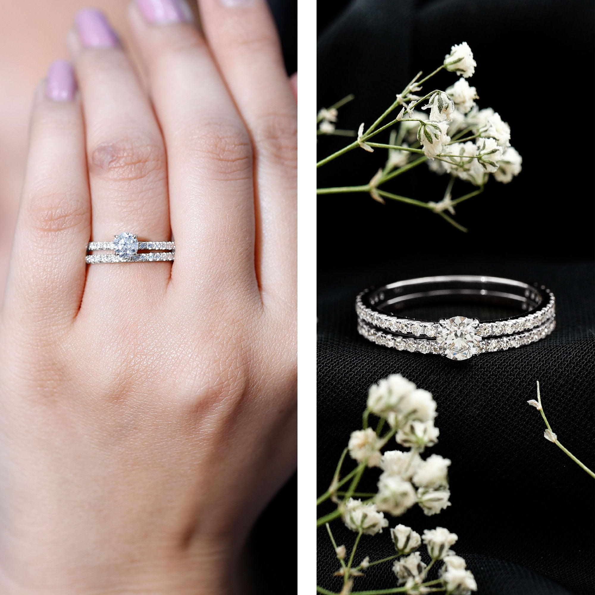 Rosec Jewels-Round Cut Moissanite Engagement Ring with Eternity Band