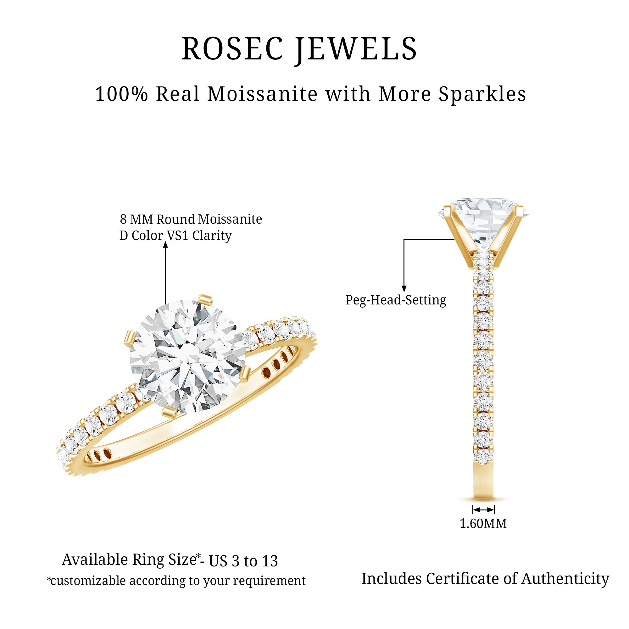Certified 8 MM Moissanite Solitaire Engagement Ring D-VS1 - Rosec Jewels