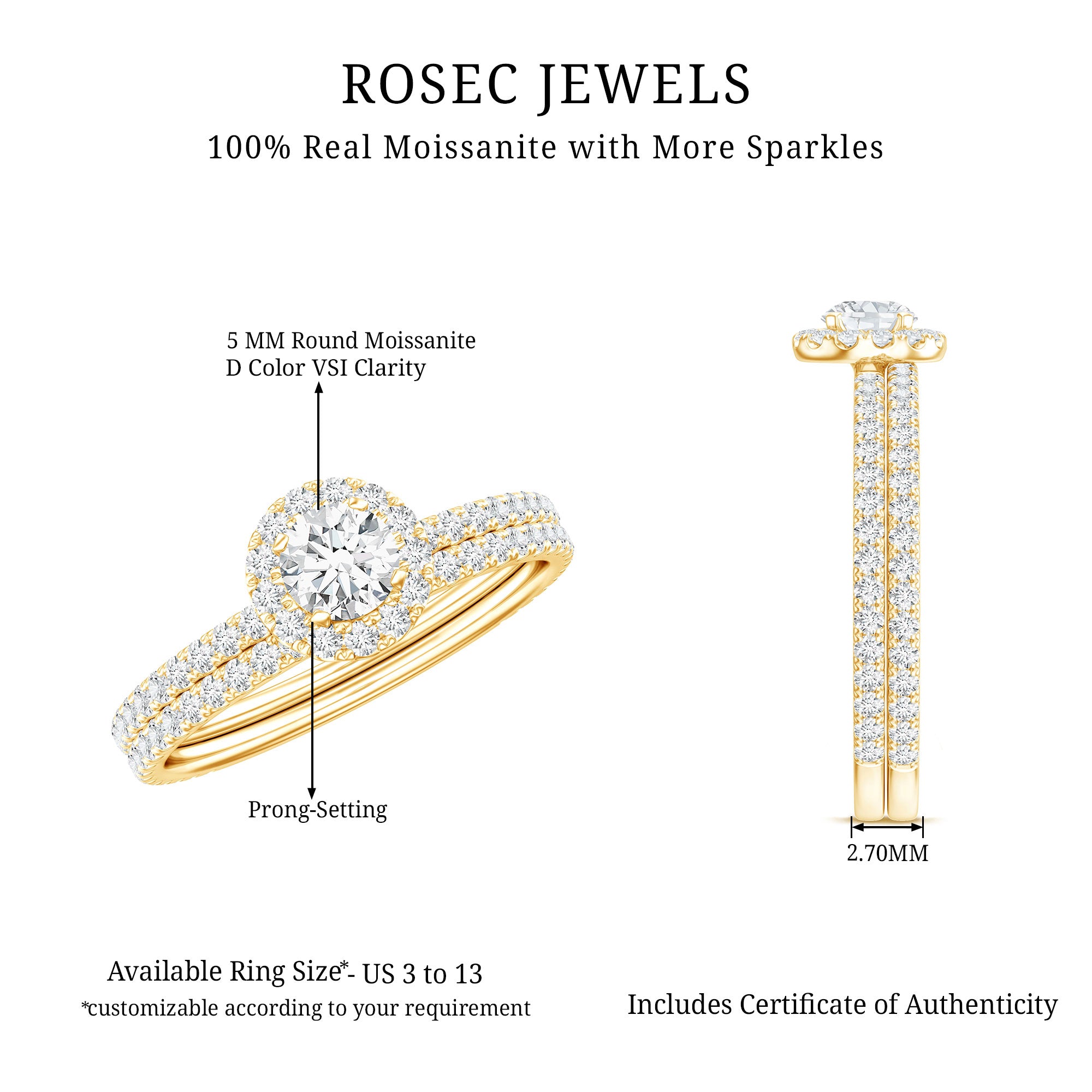 Certified Moissanite Halo Bridal Ring Set D-VS1 - Rosec Jewels