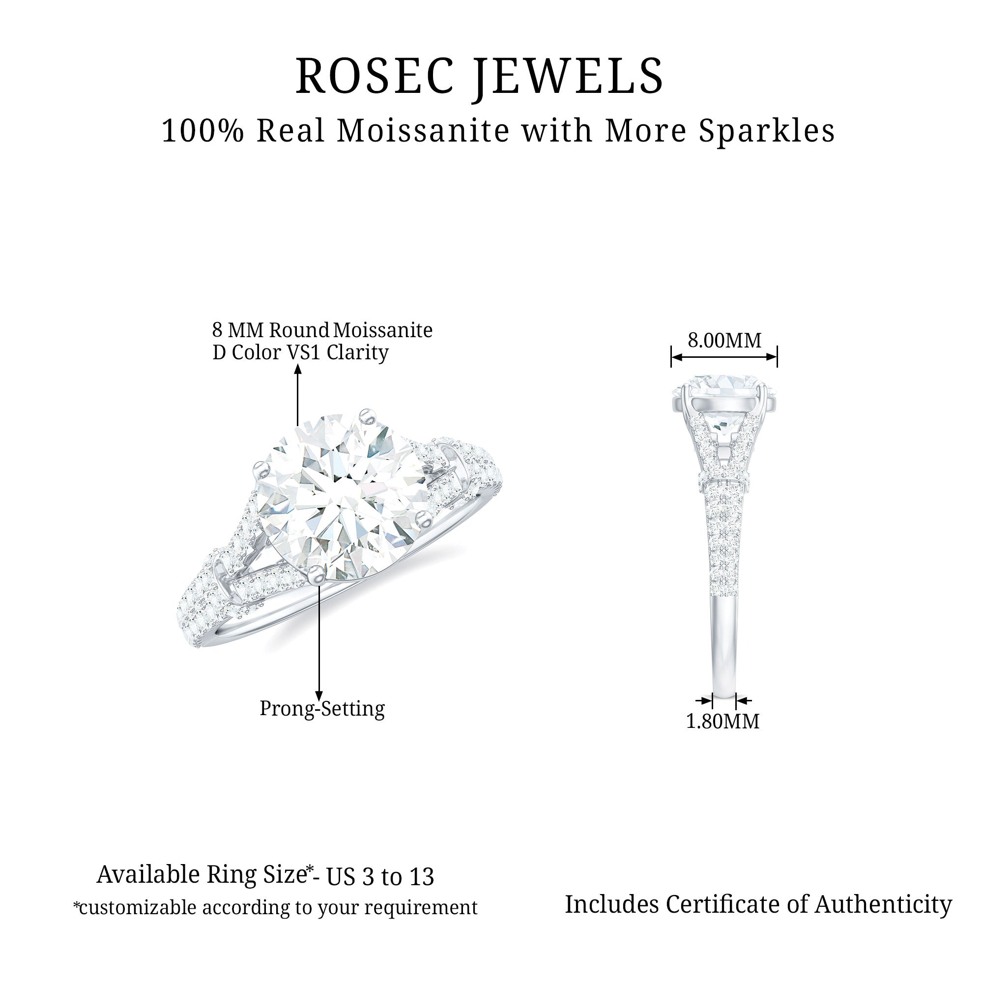 Solitaire Engagement Ring with Round Shape Moissanite and Split Shank Moissanite - ( D-VS1 ) - Color and Clarity - Rosec Jewels