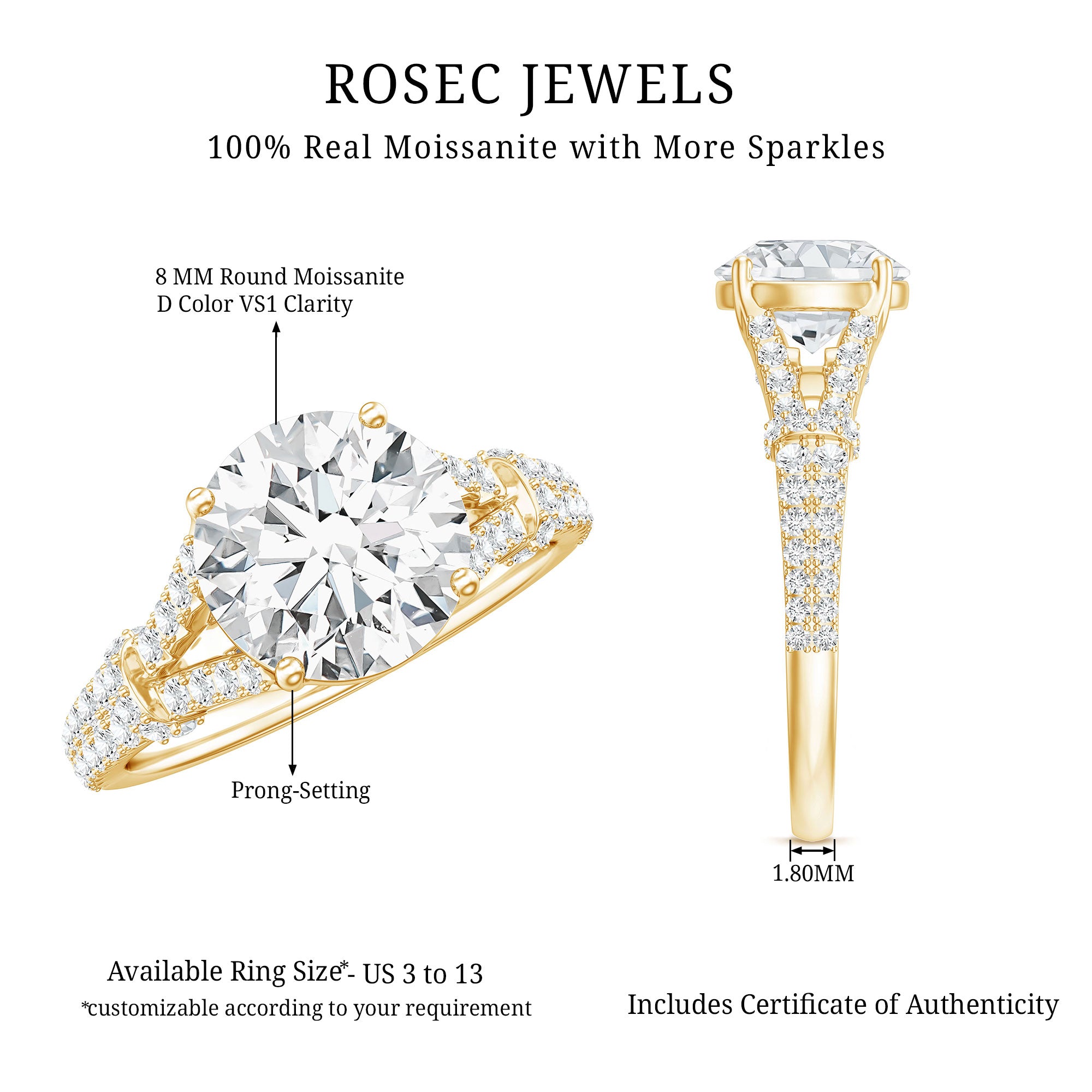 Rosec Jewels-Round Shape Moissanite Solitaire Engagement Ring in Split Shank