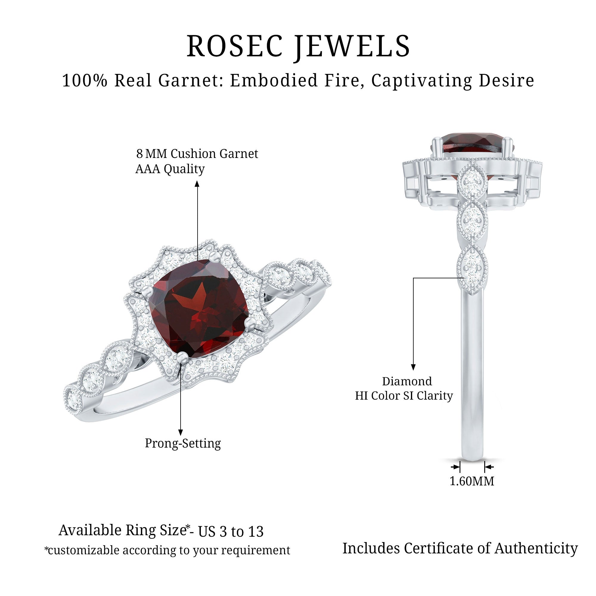 Vintage Looking 8mm Garnet Cushion Cut Engagement Ring with Diamond AAA - Rosec Jewels