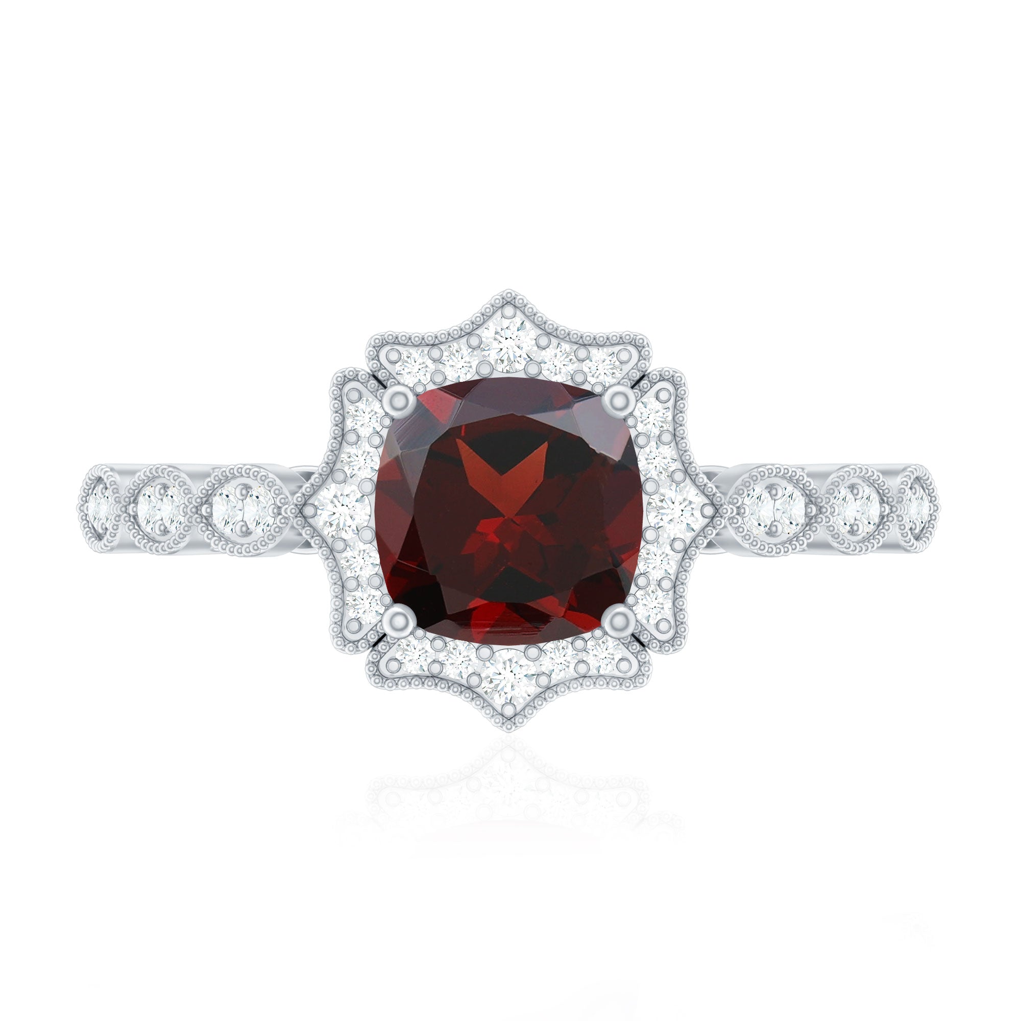 Vintage Looking 8mm Garnet Cushion Cut Engagement Ring with Diamond AAA - Rosec Jewels