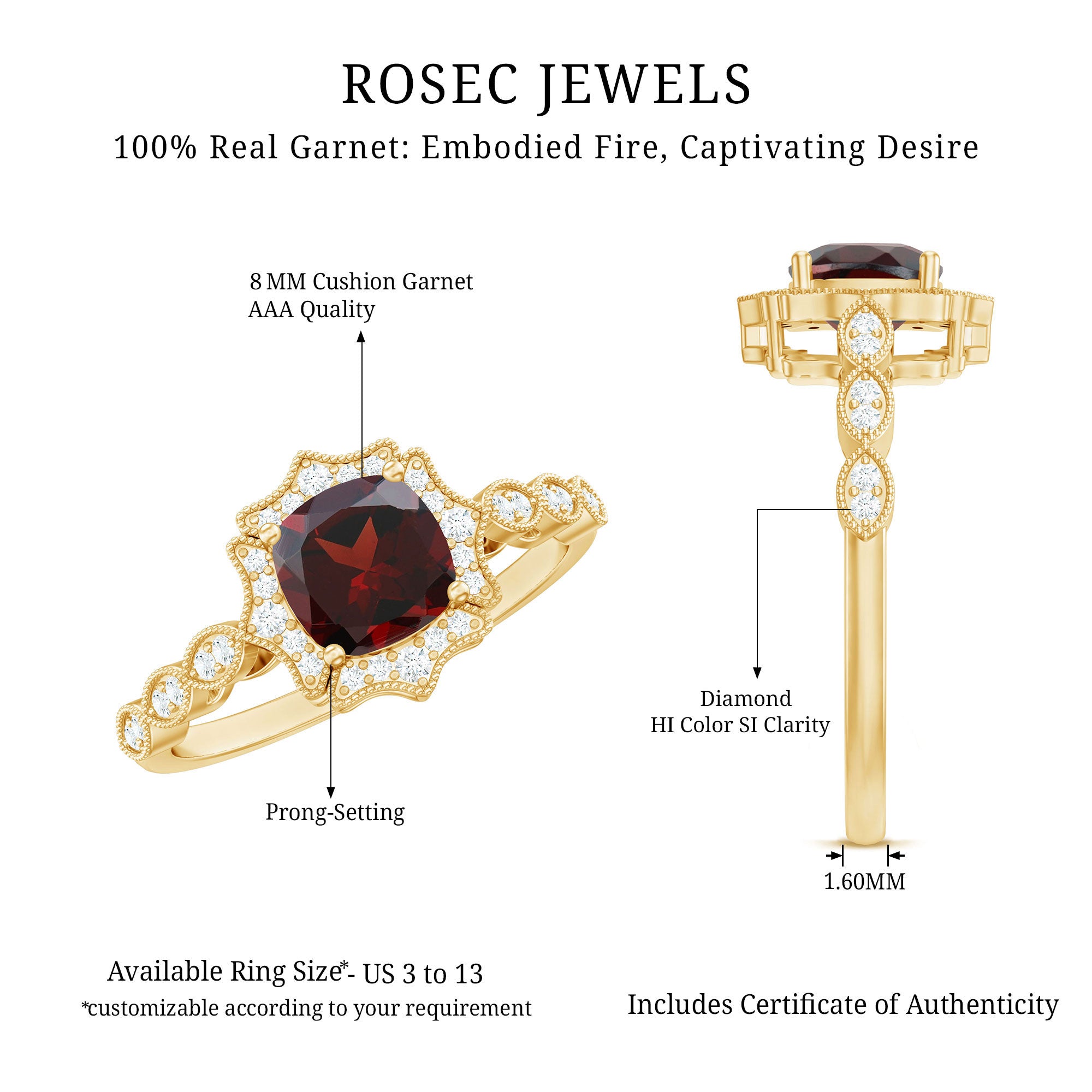 Vintage Looking 8mm Garnet Cushion Cut Engagement Ring with Diamond AAA - Rosec Jewels