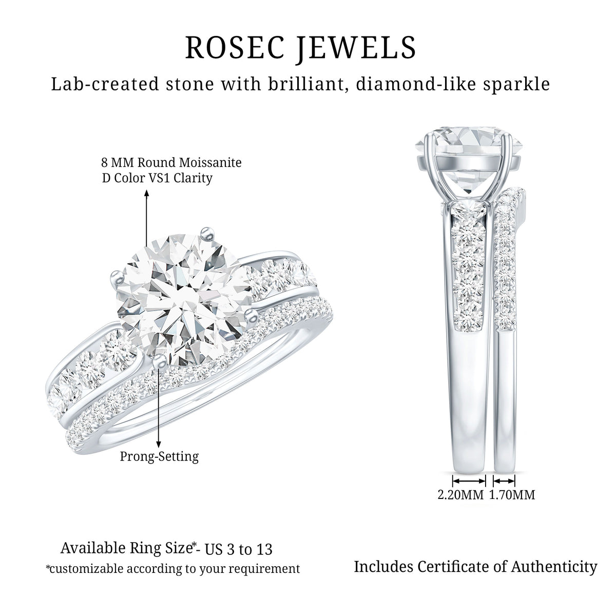 Certified 2 Carat Round Moissanite Engagement Ring with Wedding Band D-VS1 - Rosec Jewels