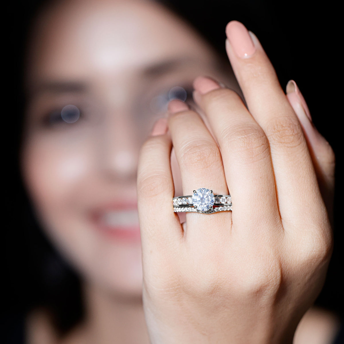 Certified 2 Carat Round Moissanite Engagement Ring with Wedding Band D-VS1 - Rosec Jewels