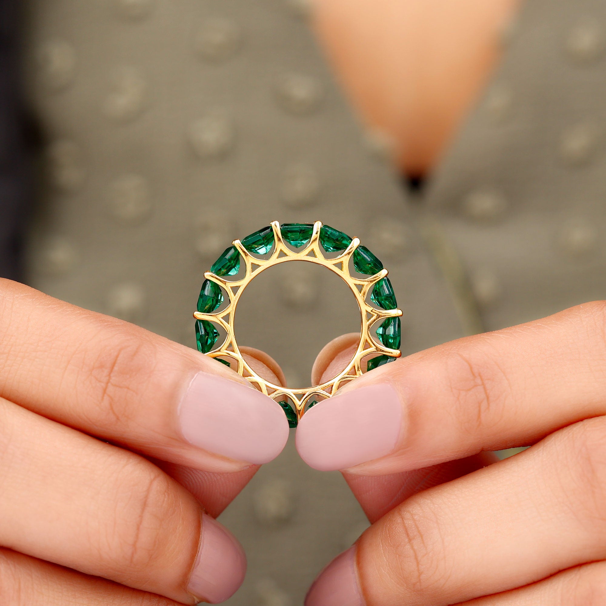 Hexagon Cut Created Emerald Full Eternity Band Ring Lab Created Emerald - ( AAAA ) - Quality - Rosec Jewels