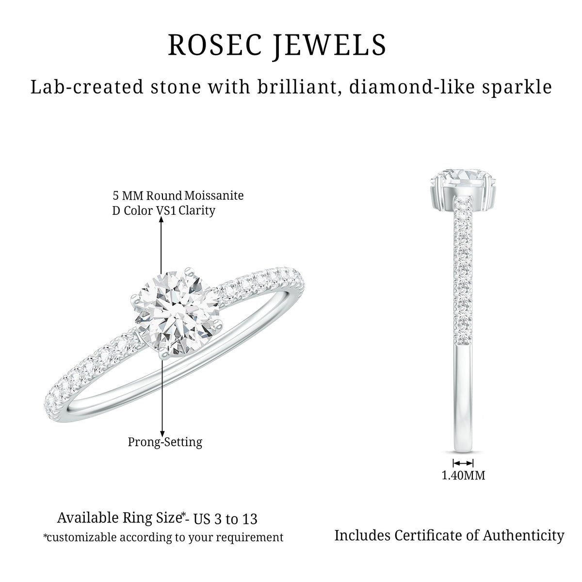 Round Shape Moissanite Solitaire Promise Ring with Side Stones D-VS1 - Rosec Jewels