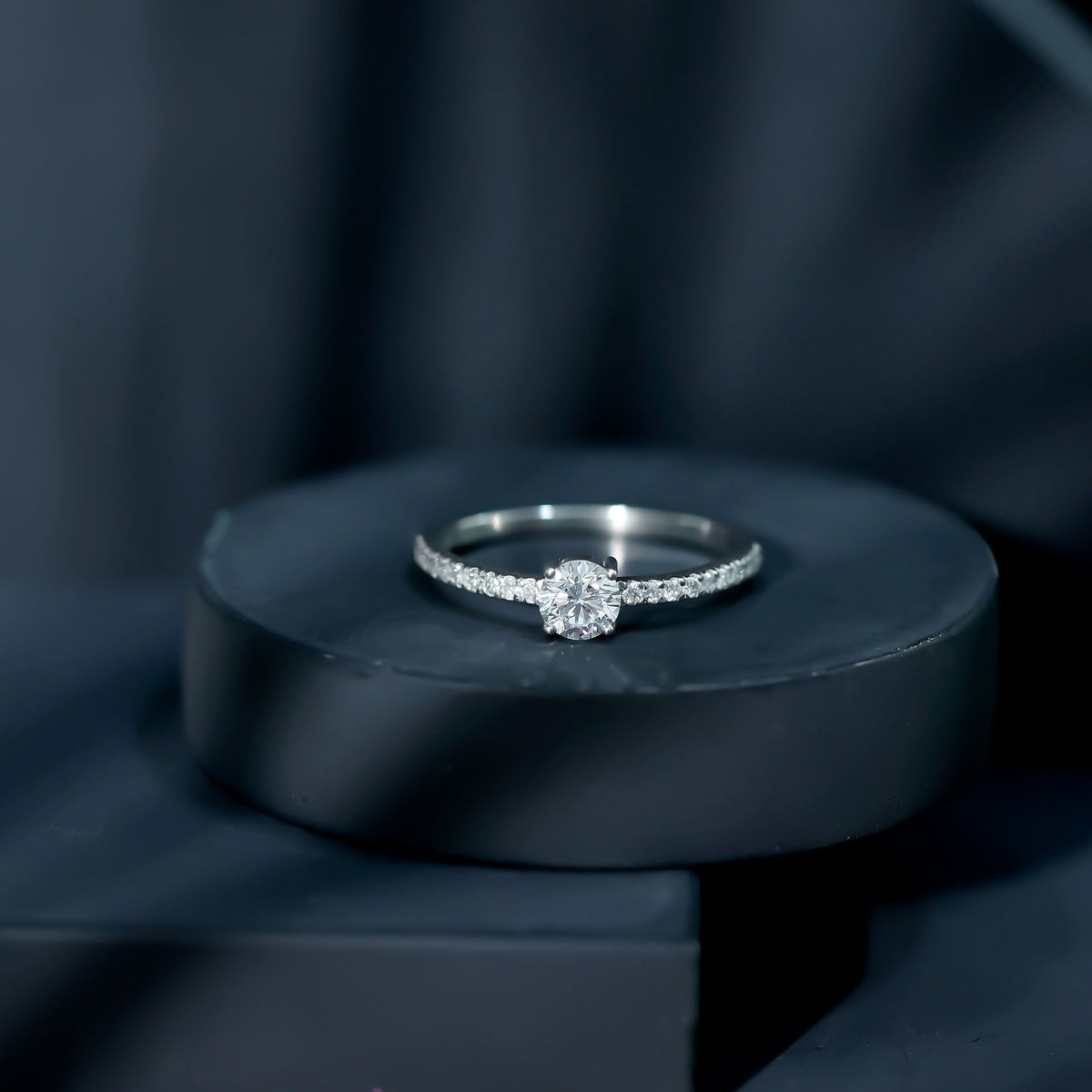 Round Shape Moissanite Solitaire Promise Ring with Side Stones D-VS1 - Rosec Jewels