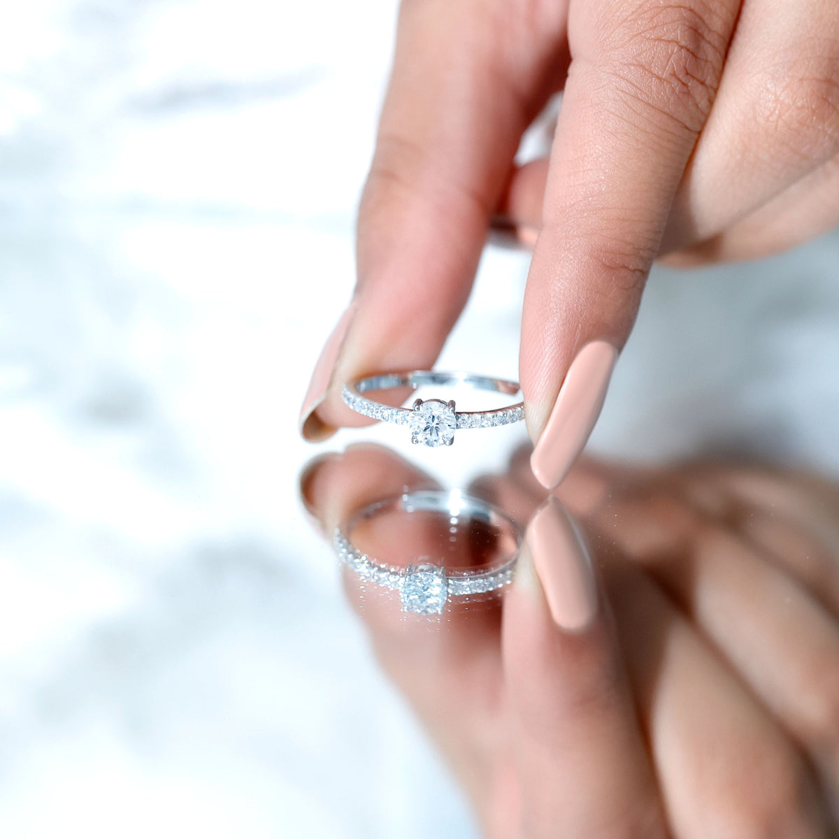 Round Shape Moissanite Solitaire Promise Ring with Side Stones D-VS1 - Rosec Jewels