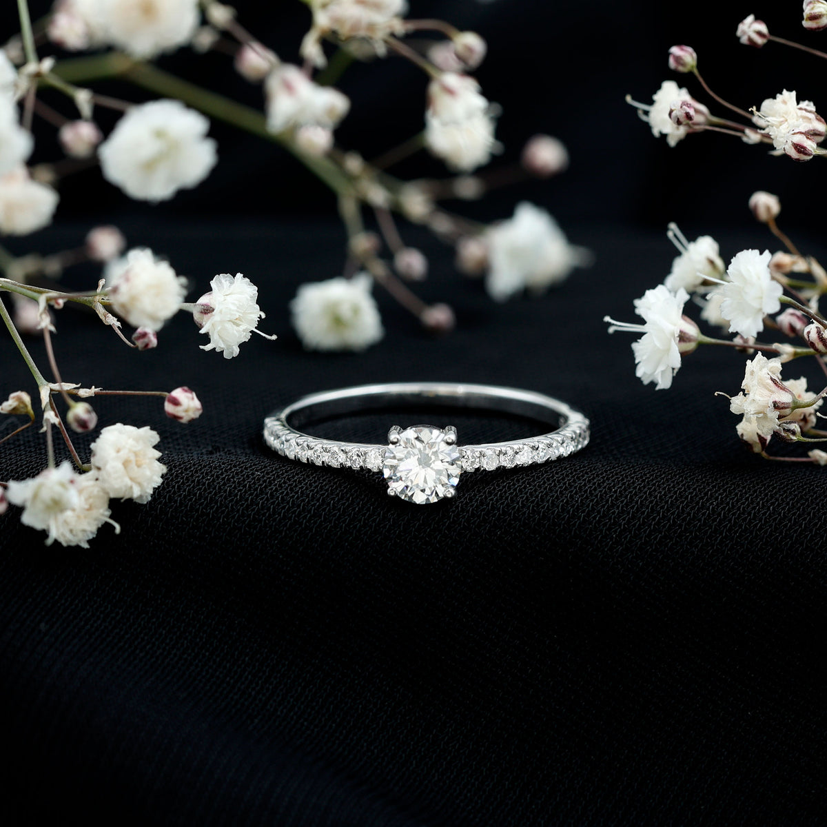 Round Shape Moissanite Solitaire Promise Ring with Side Stones D-VS1 - Rosec Jewels