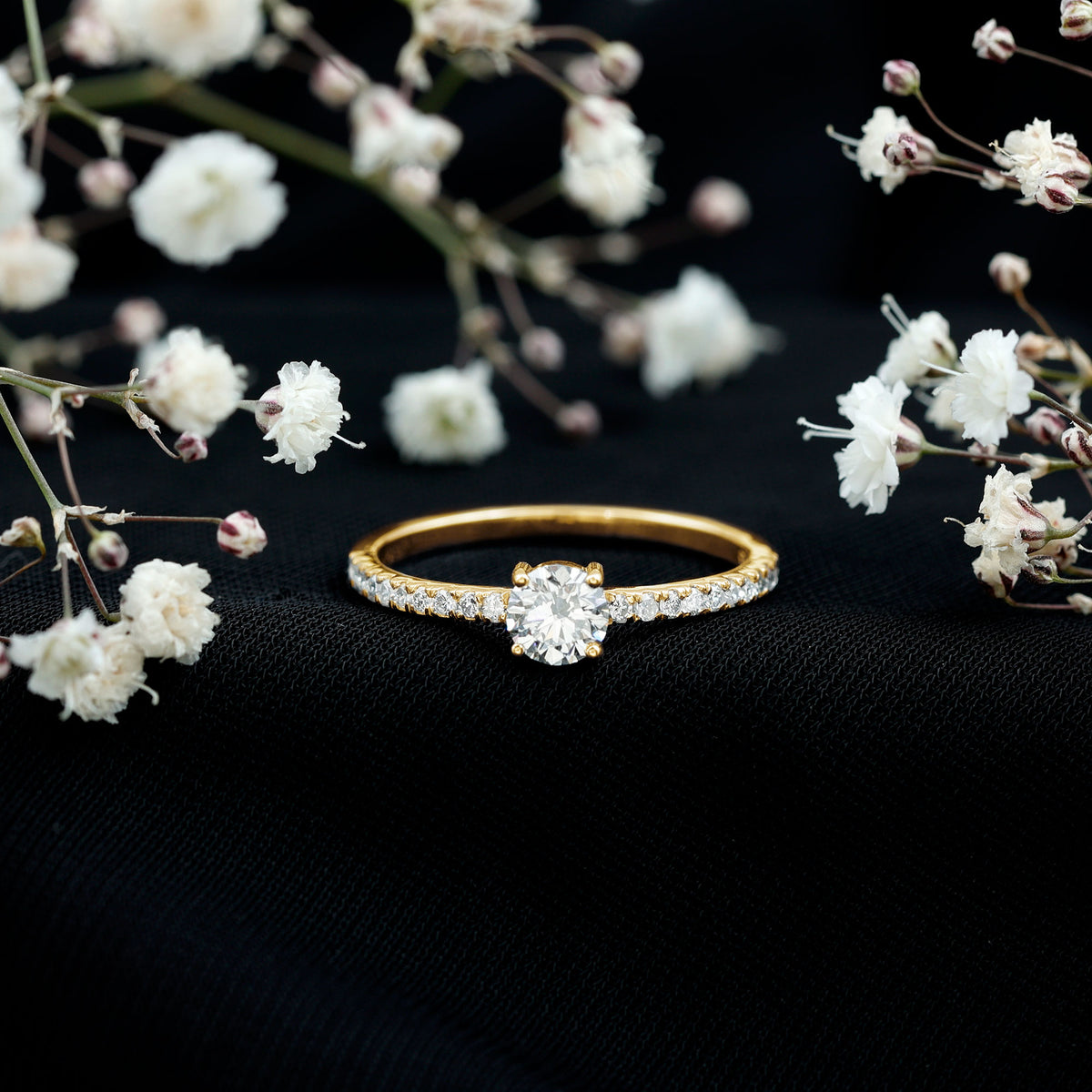 Round Shape Moissanite Solitaire Promise Ring with Side Stones D-VS1 - Rosec Jewels