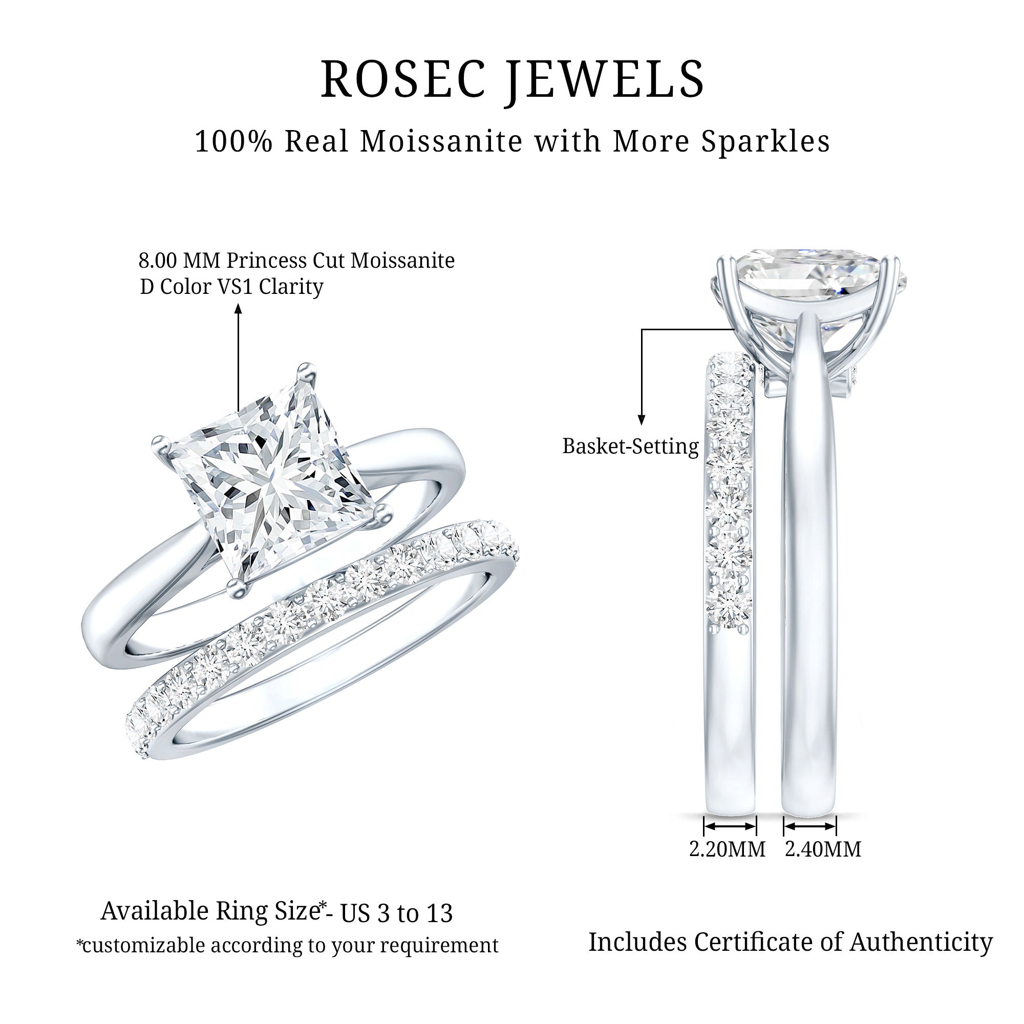 Certified 3 Carat Princess Cut Moissanite Engagement Ring with Wedding Band D-VS1 - Rosec Jewels