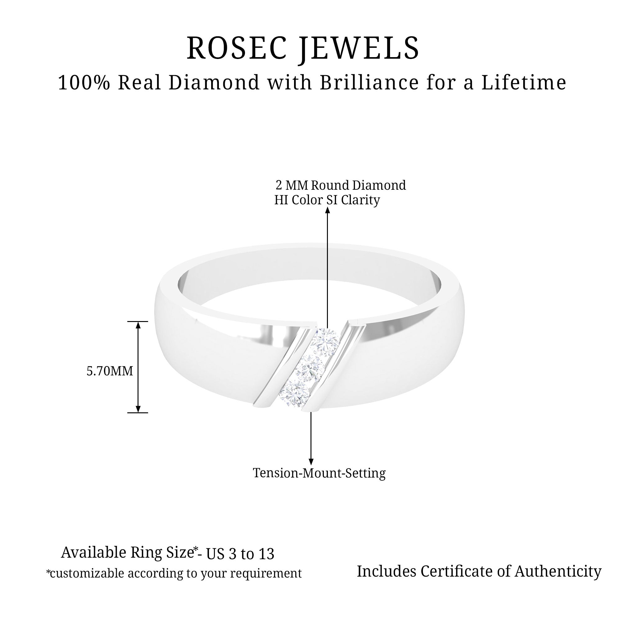 Tension Mount Set Three Stone Diamond Band Ring Diamond - ( HI-SI ) - Color and Clarity - Rosec Jewels