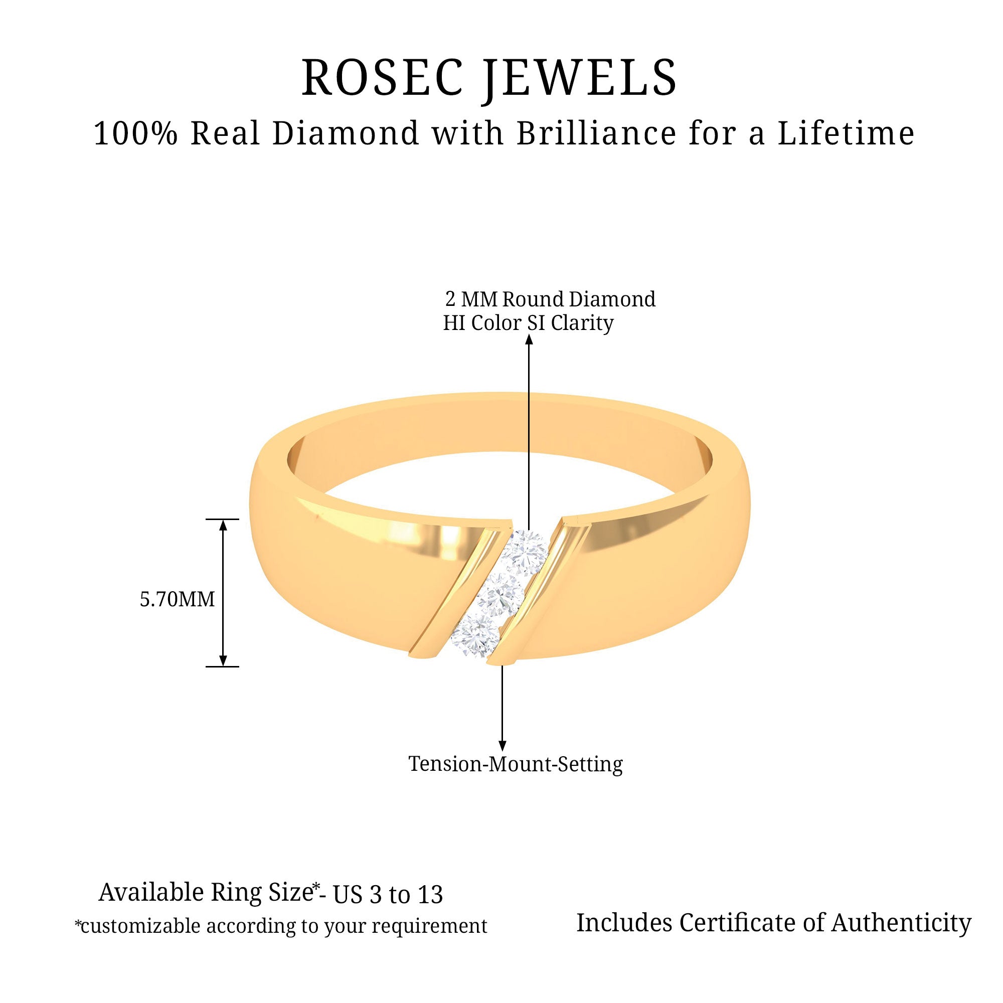 Tension Mount Set Three Stone Diamond Band Ring Diamond - ( HI-SI ) - Color and Clarity - Rosec Jewels