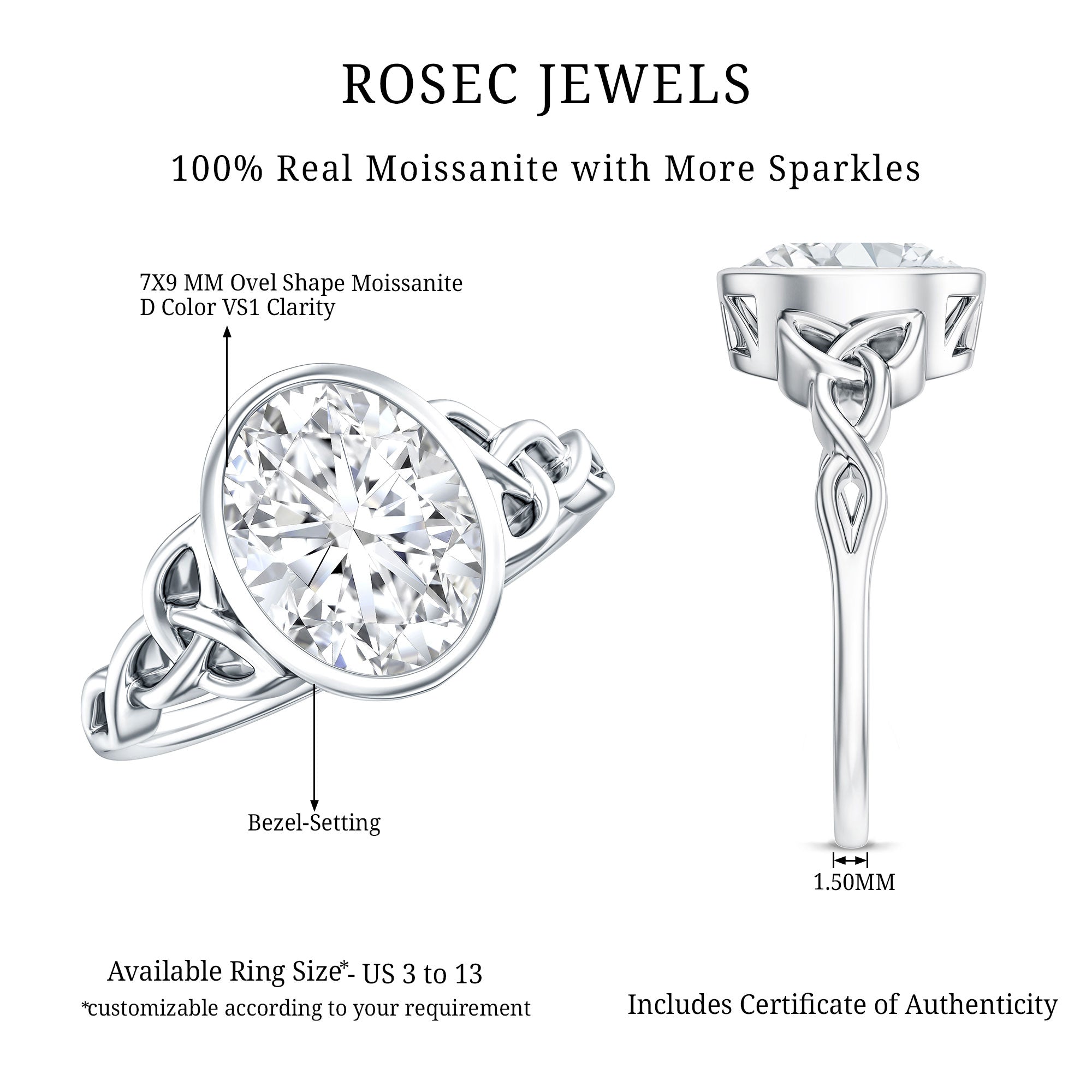 Solitaire Moissanite Celtic Engagement Ring in Bezel Setting D-VS1 - Rosec Jewels