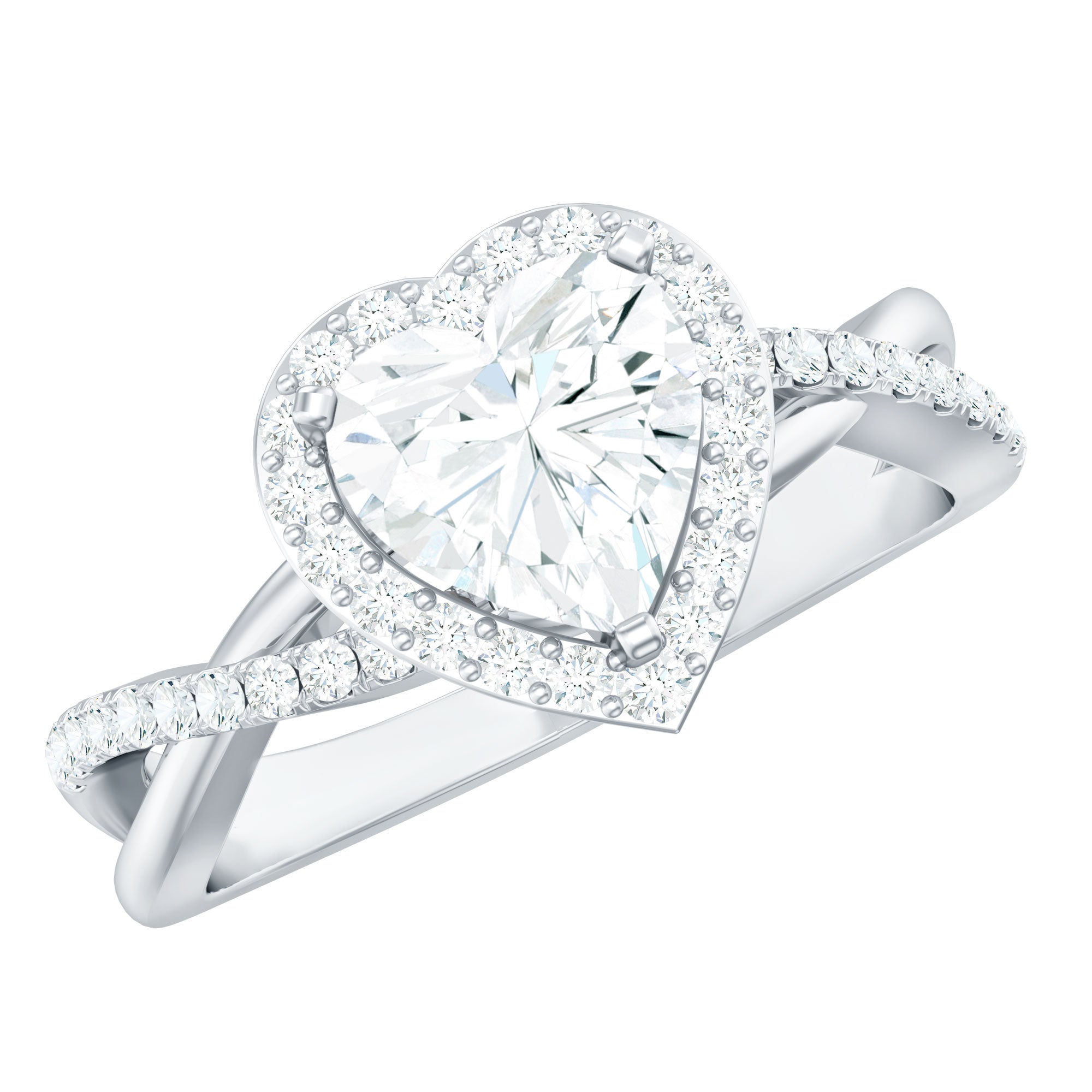 Rosec Jewels-Heart Shape Moissanite Halo Engagement Ring with Criss Cross Band