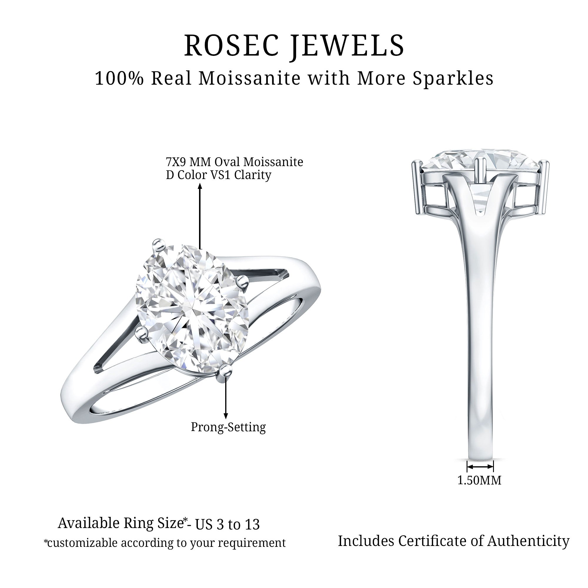 Oval Cut Moissanite Solitaire Engagement Ring in Split Shank D-VS1 - Rosec Jewels