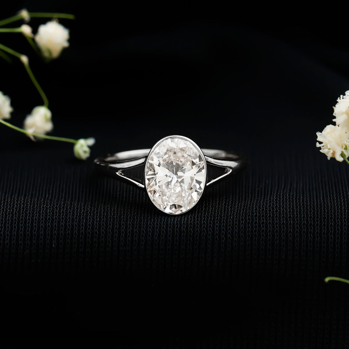 Certified 2 Carat Oval Moissanite Solitaire Engagement Ring in Split Shank D-VS1 - Rosec Jewels