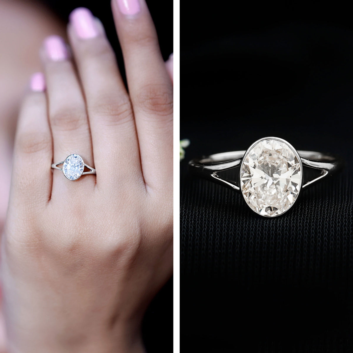 Certified 2 Carat Oval Moissanite Solitaire Engagement Ring in Split Shank D-VS1 - Rosec Jewels