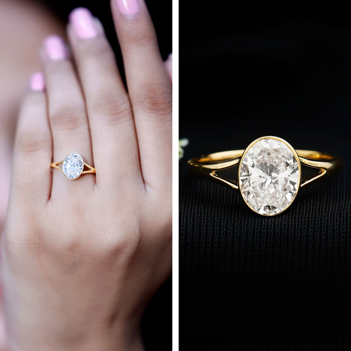 Certified 2 Carat Oval Moissanite Solitaire Engagement Ring in Split Shank D-VS1 - Rosec Jewels