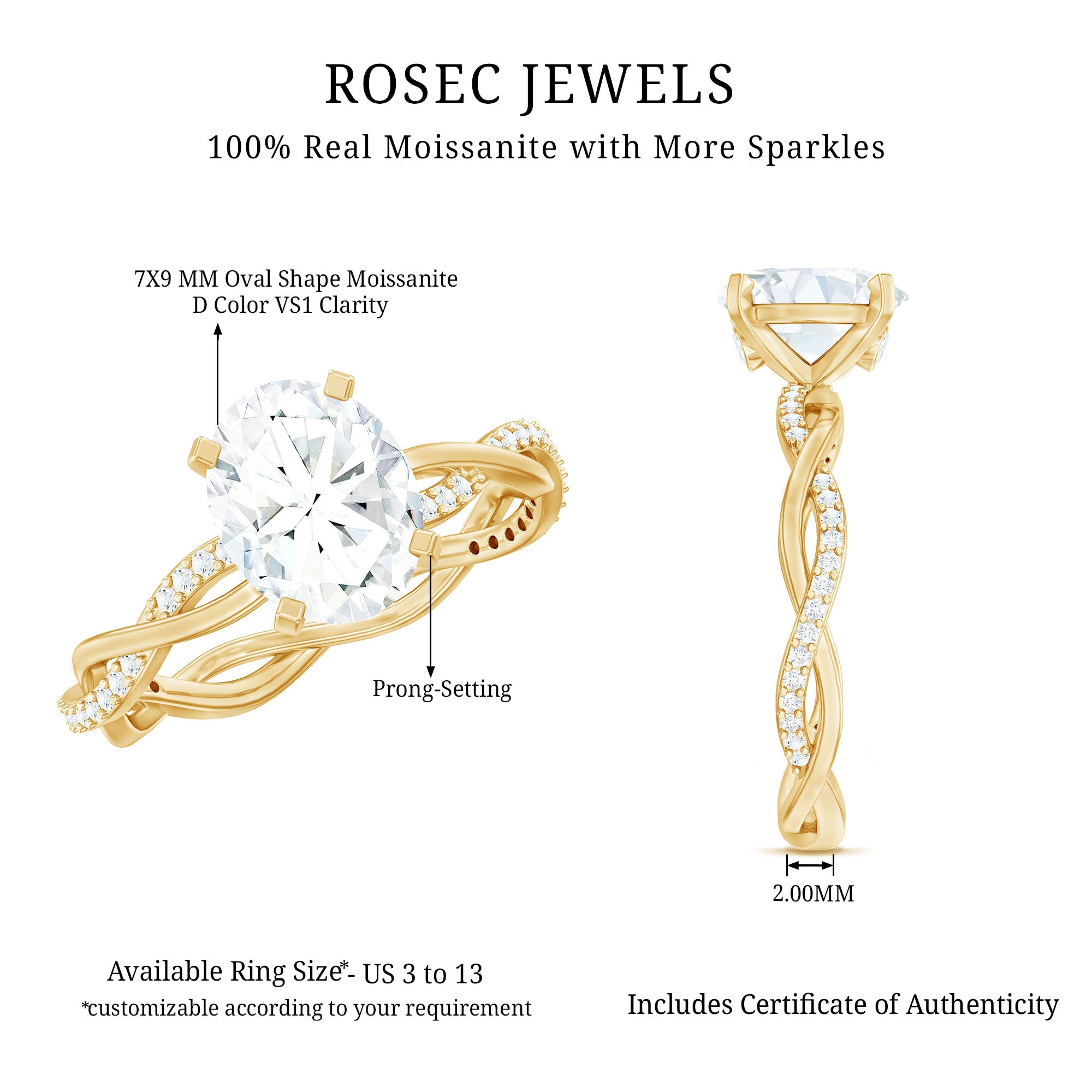 Rosec Jewels-Oval Shape Moissanite Solitaire Engagement Ring in Braided Shank