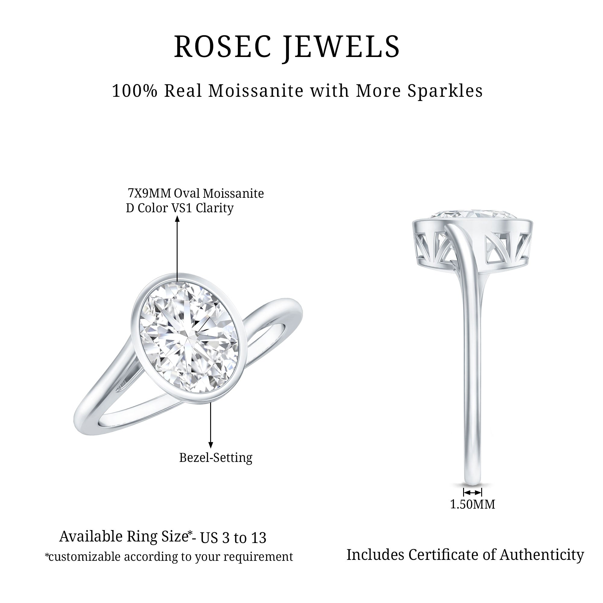 Rosec Jewels-Solitaire 7X9 MM Moissanite Oval Engagement Ring with Bypass Shank
