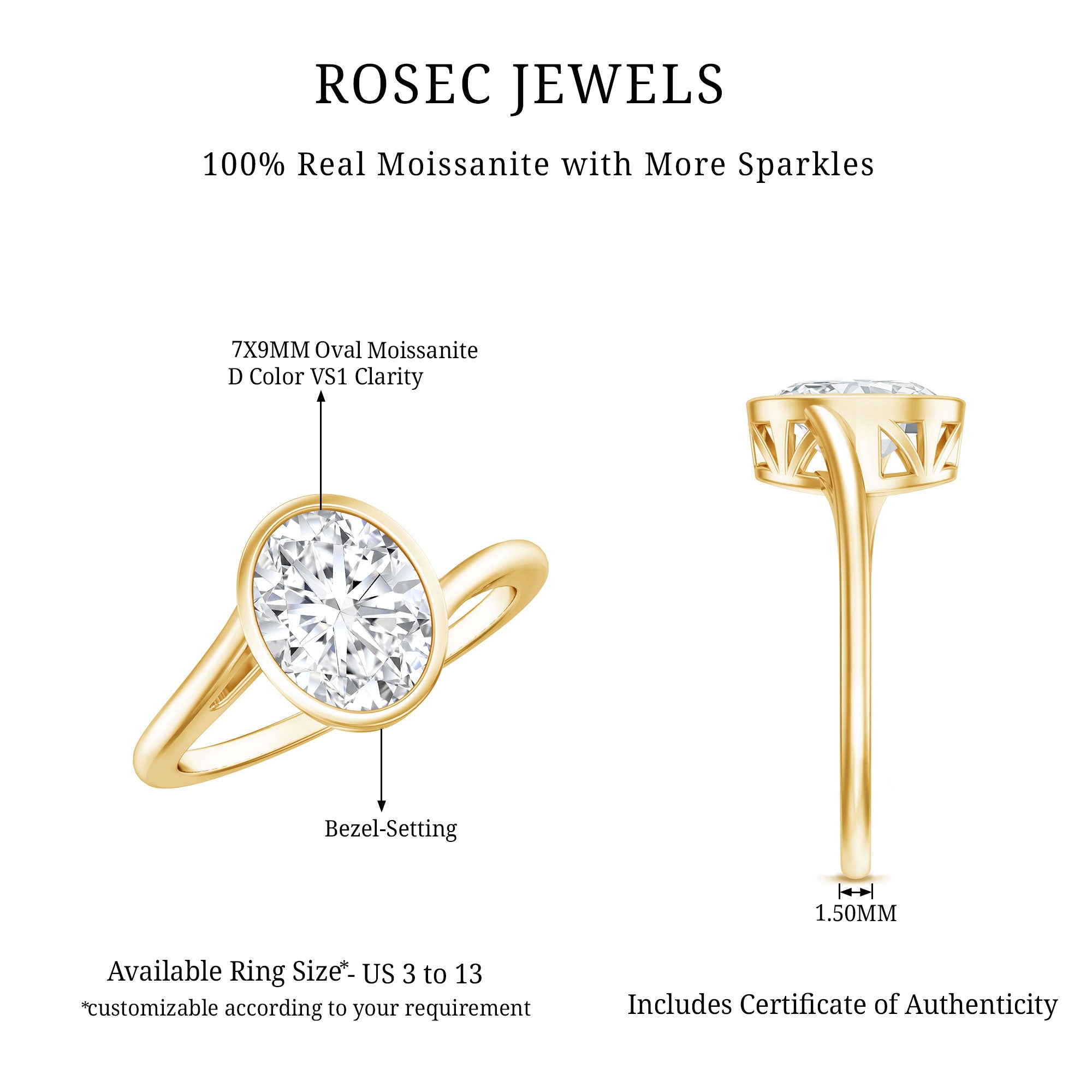 Rosec Jewels-Solitaire 7X9 MM Moissanite Oval Engagement Ring with Bypass Shank