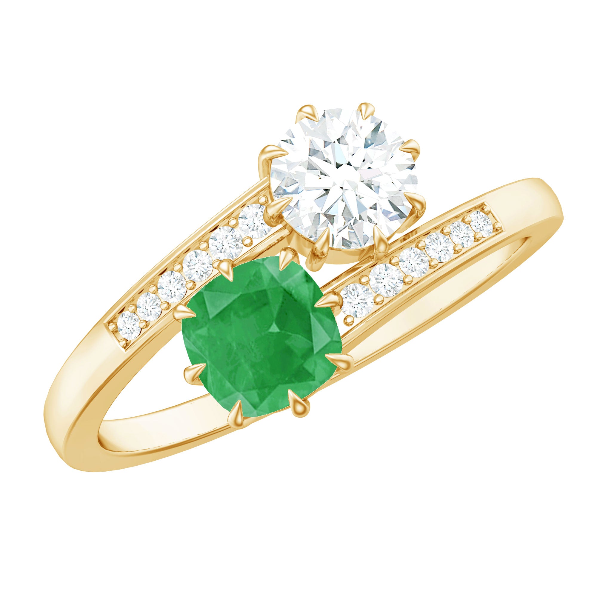 Emerald and Moissanite Two Stone Engagement Ring in Bypass Shank AAA - Rosec Jewels