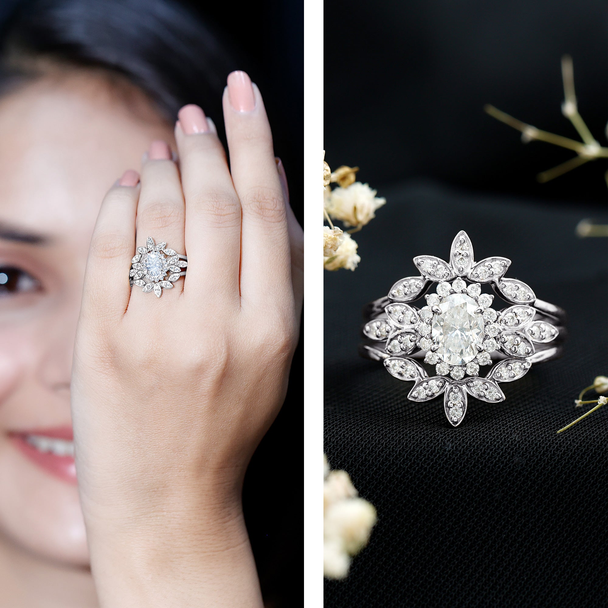 Rosec Jewels-Vintage Inspired Moissanite Wedding Ring Set of 3